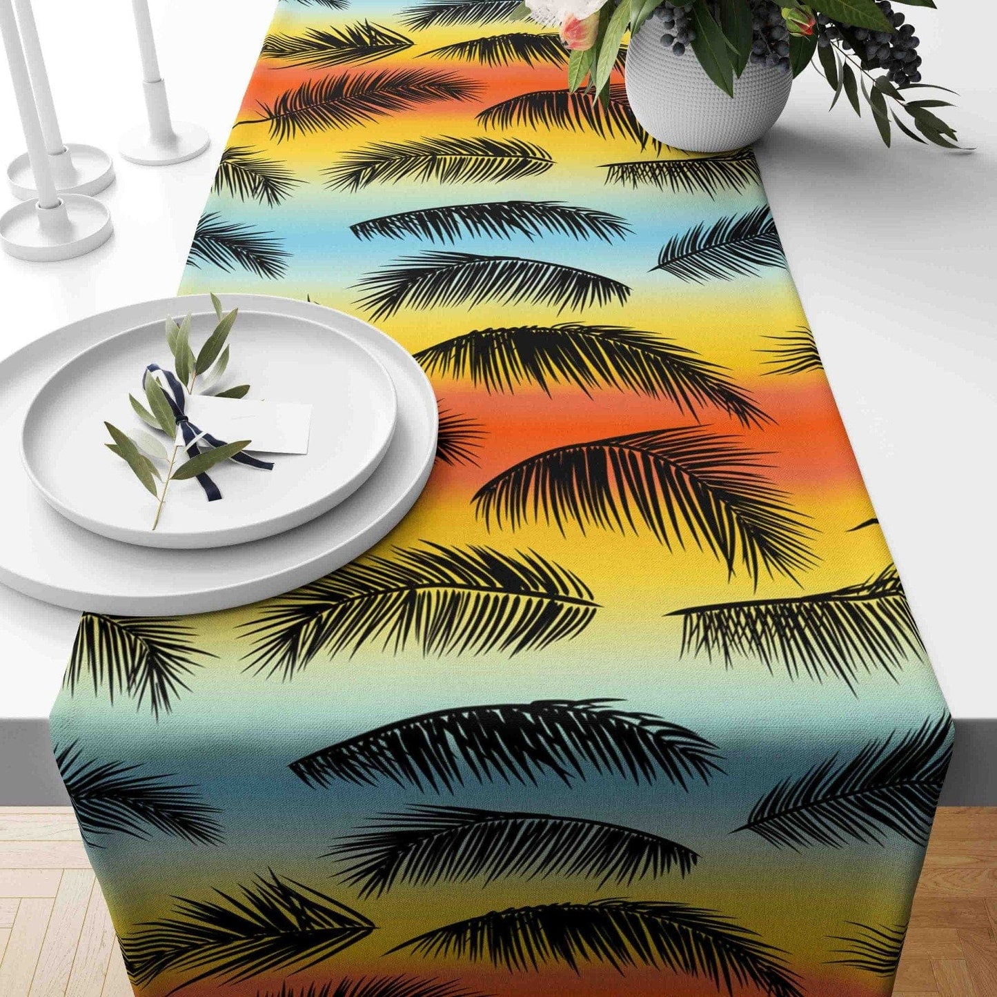 Onay 3 / 12 x 46 inch (30 x 120 cm) Sunflower Daisy Green Leaf Orange Floral Table Runner