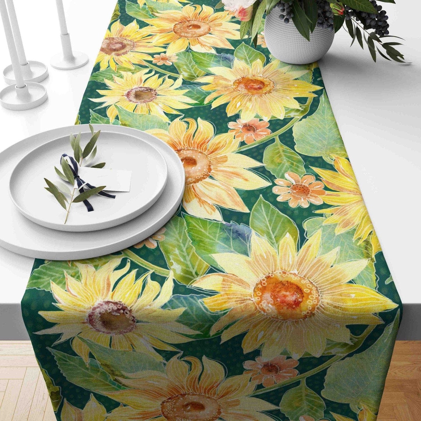 Onay 2 / 12 x 46 inch (30 x 120 cm) Sunflower Yellow Farmhouse Floral Print Table Runner