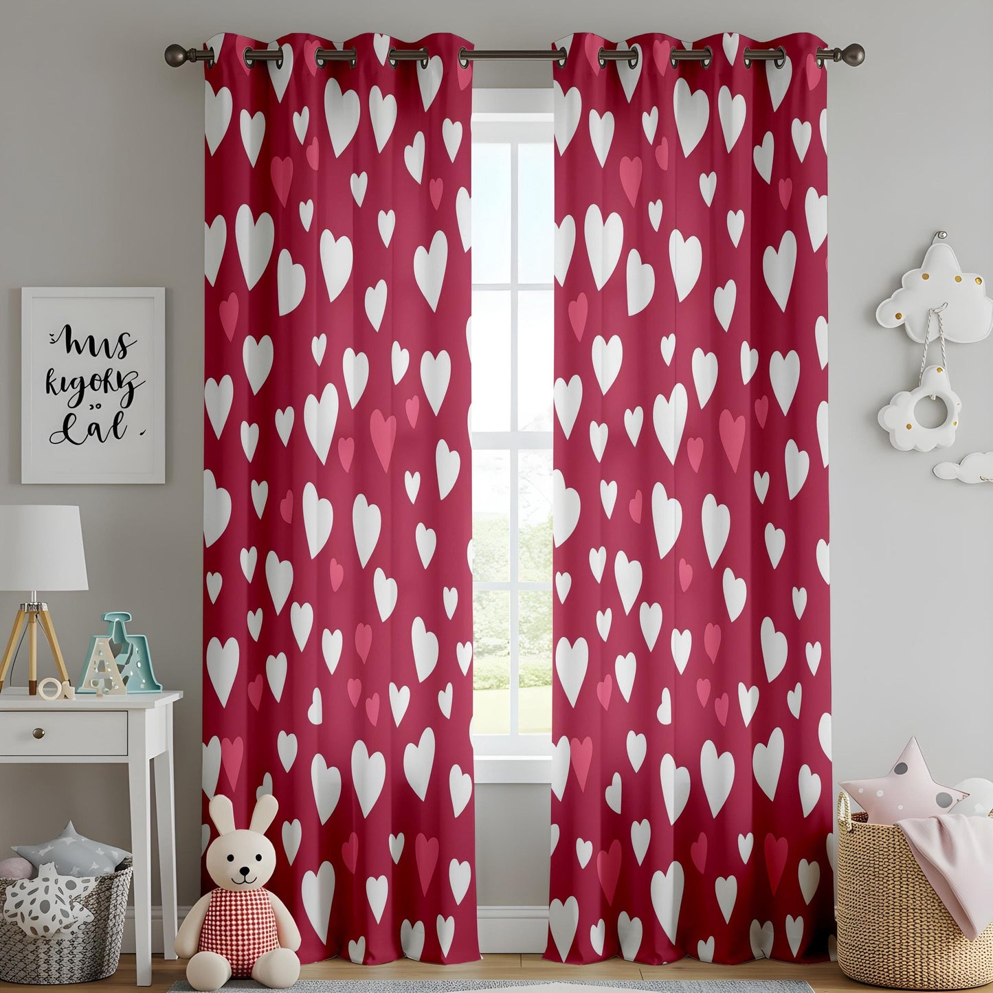 Onay Sweetheart Pattern Window Curtains, Red and White Love Theme Drapes