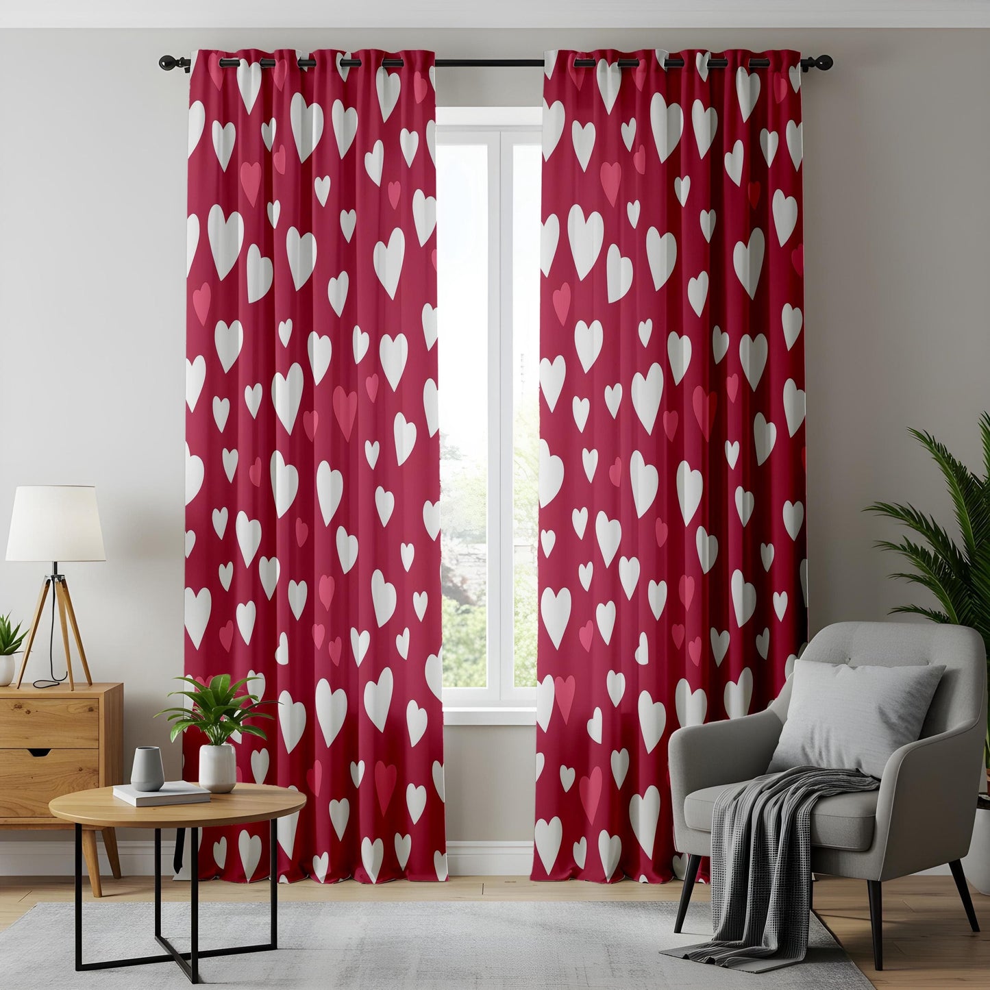 Onay Sweetheart Pattern Window Curtains, Red and White Love Theme Drapes