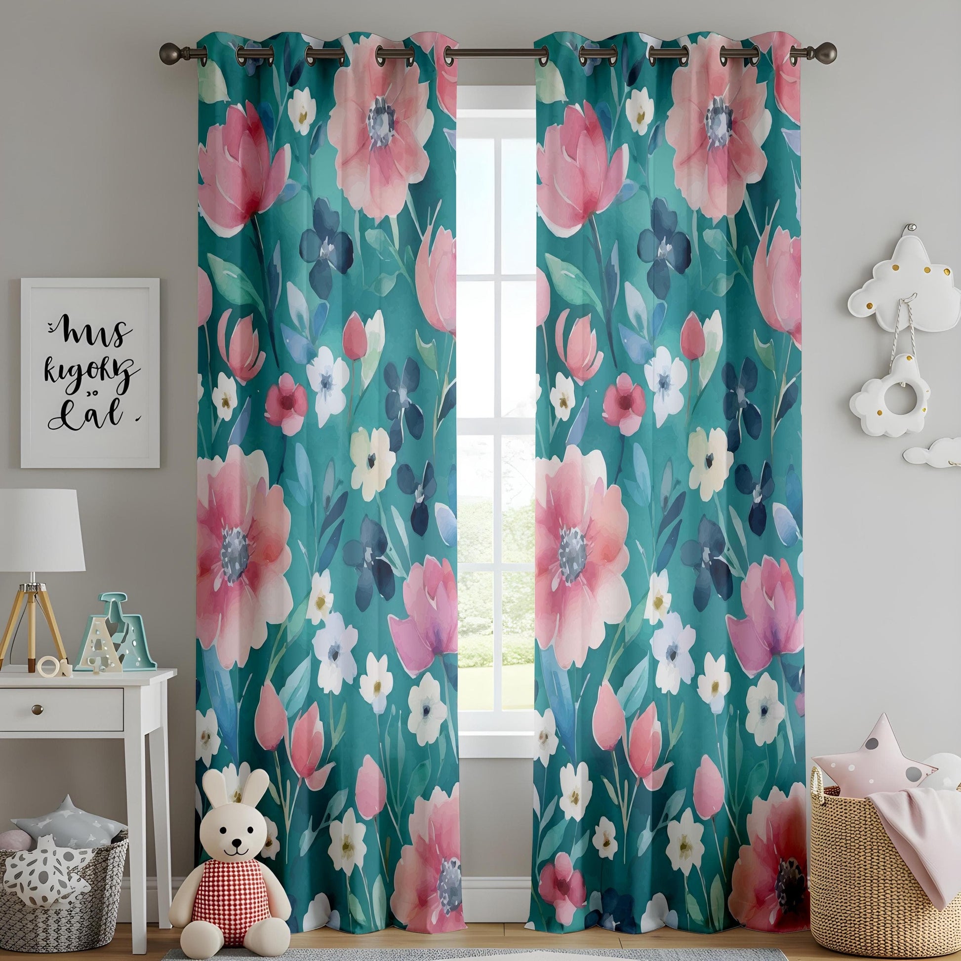 Onay Teal Floral Window Curtains, Pink and Navy Flower Drapes for Living Room
