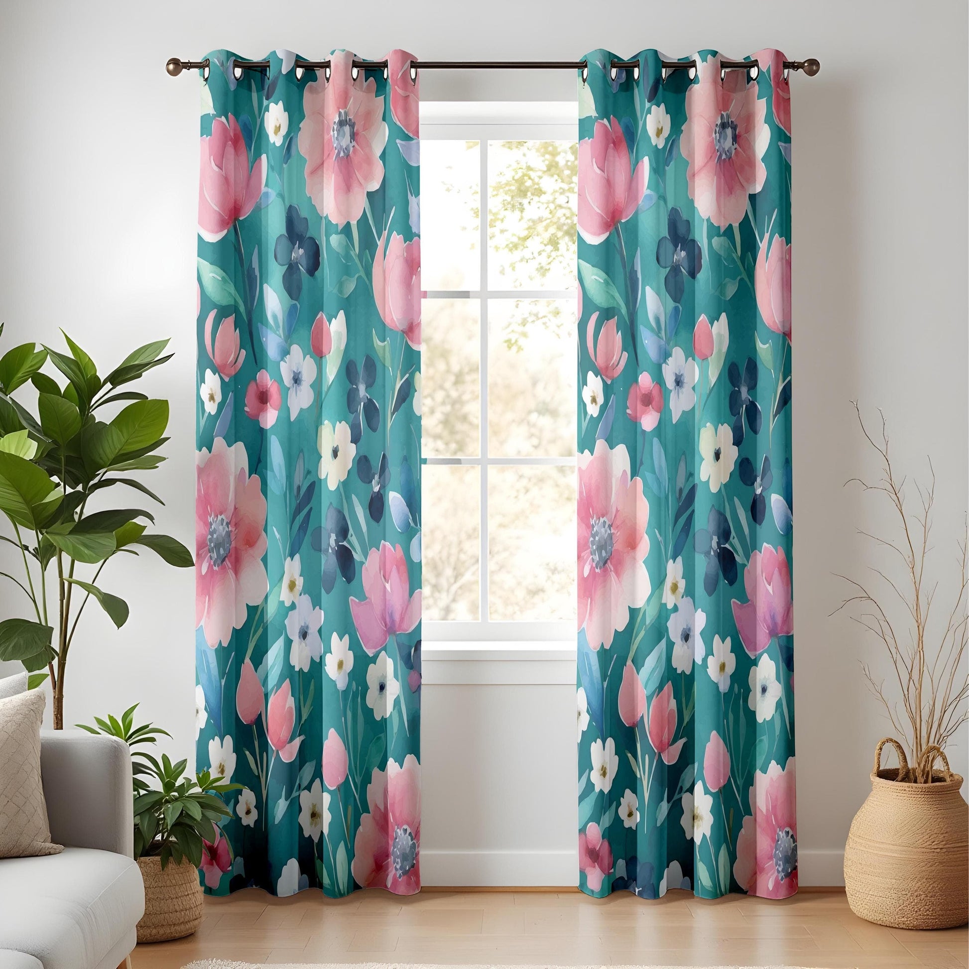 Onay Teal Floral Window Curtains, Pink and Navy Flower Drapes for Living Room