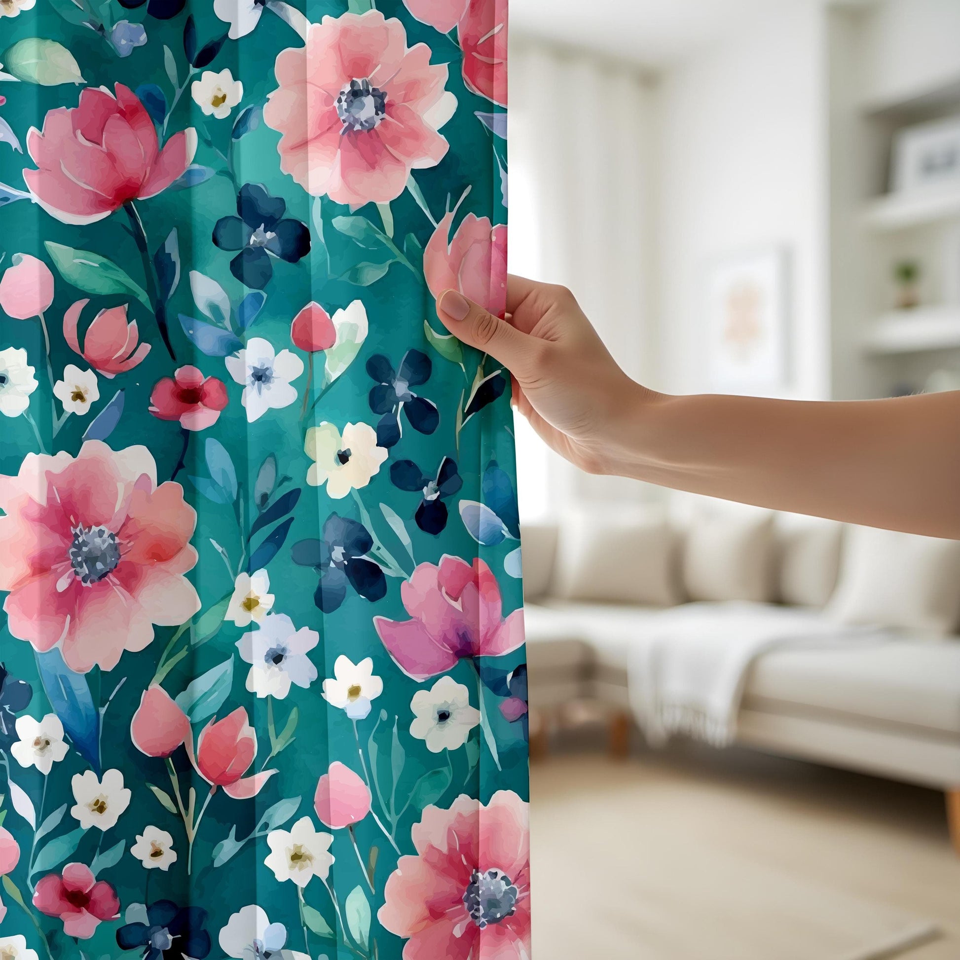 Onay Teal Floral Window Curtains, Pink and Navy Flower Drapes for Living Room