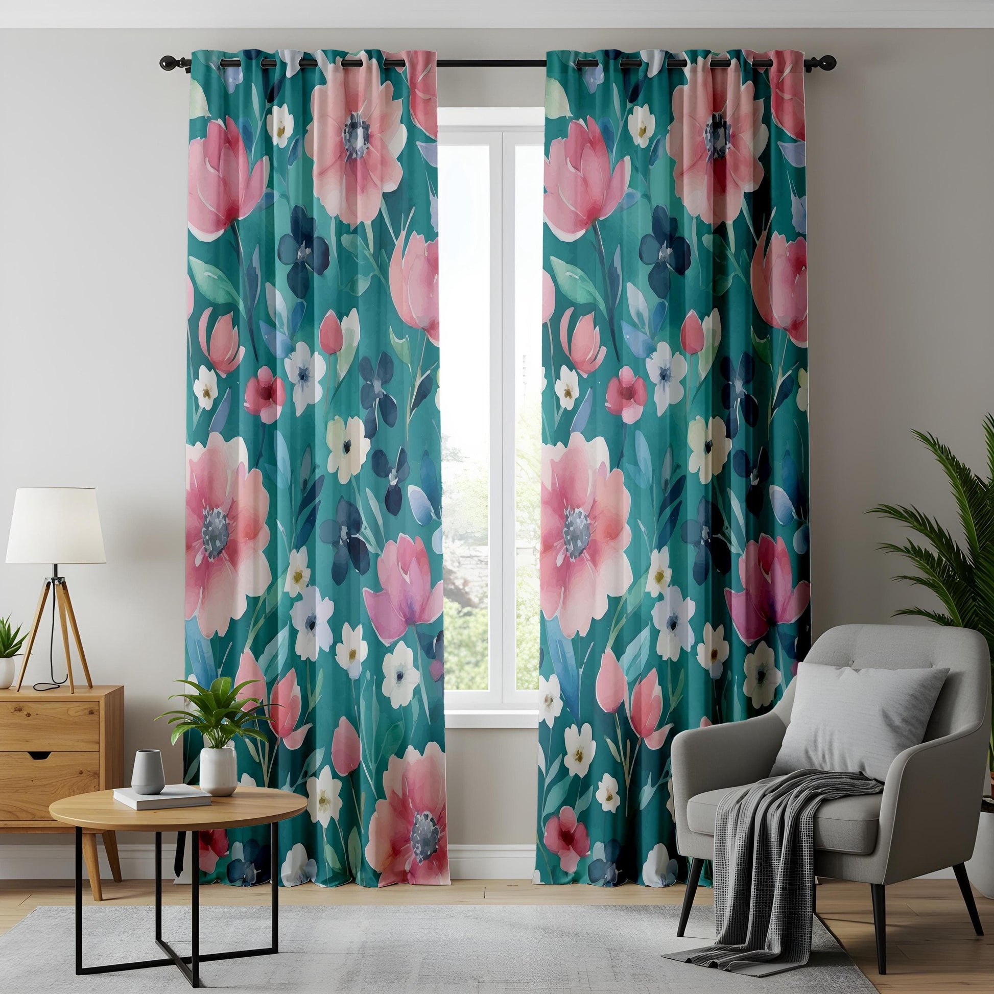 Onay Teal Floral Window Curtains, Pink and Navy Flower Drapes for Living Room