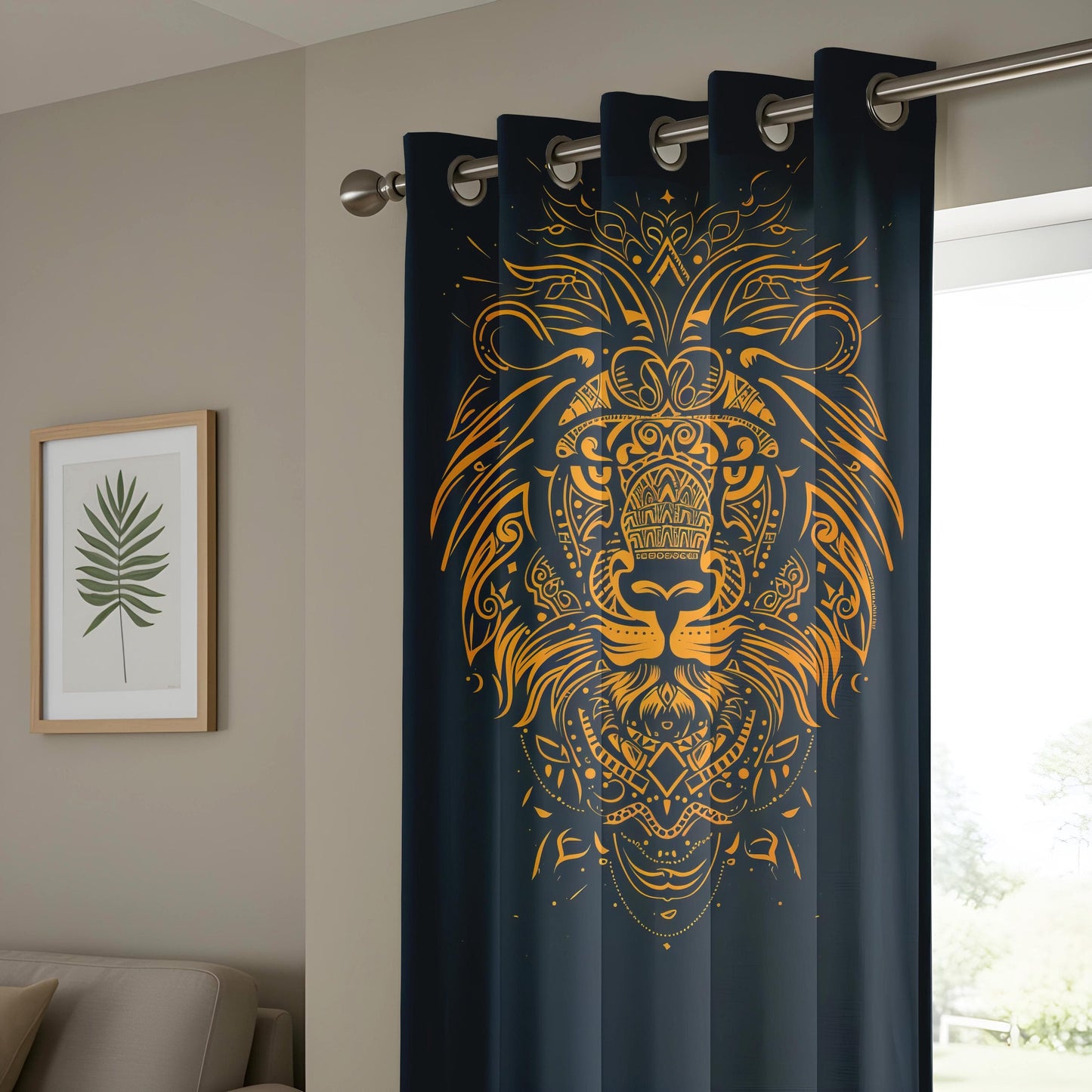 Onay Tribal Lion Head Living Room Curtains, Gold Mandala Animal Drapes