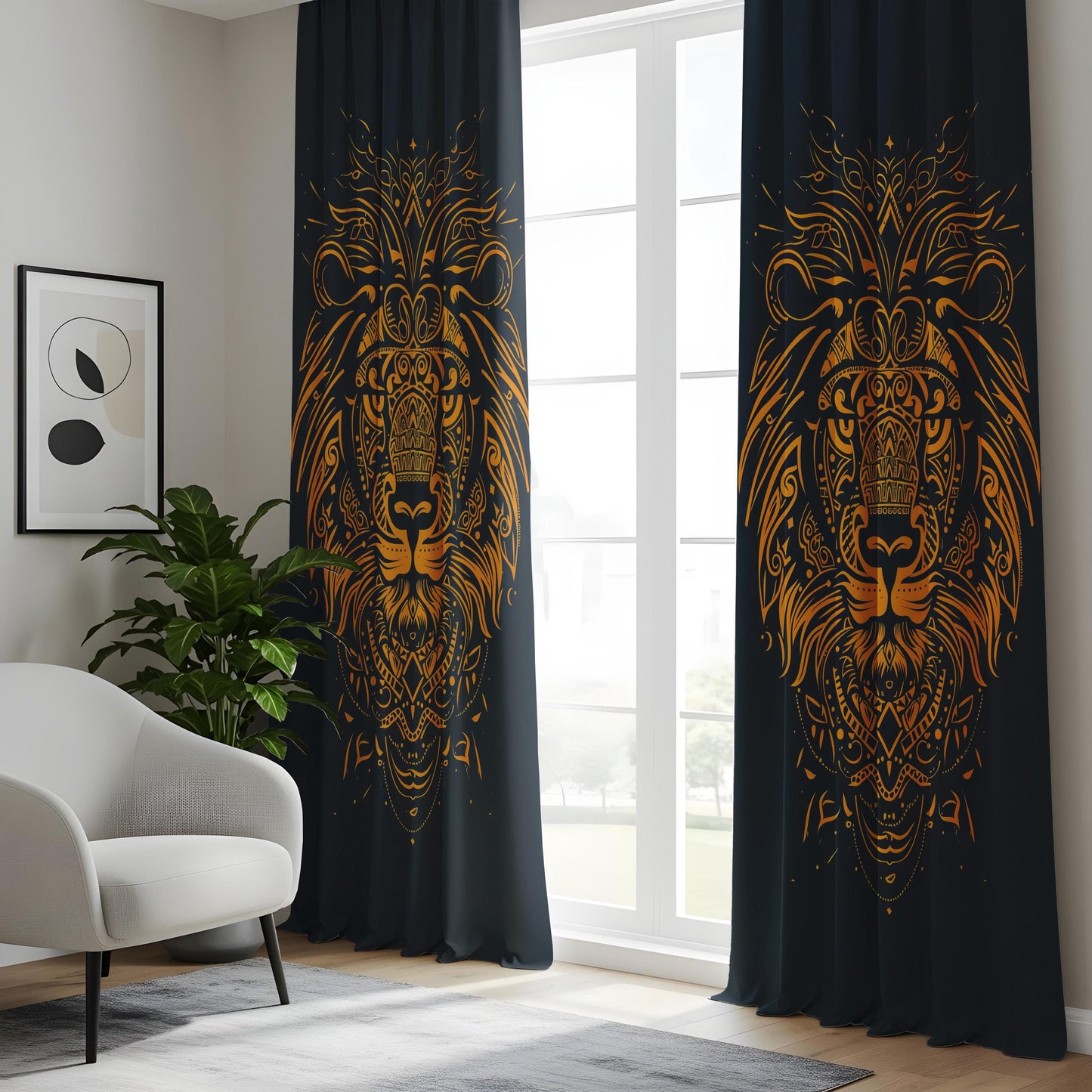 Onay Tribal Lion Head Living Room Curtains, Gold Mandala Animal Drapes