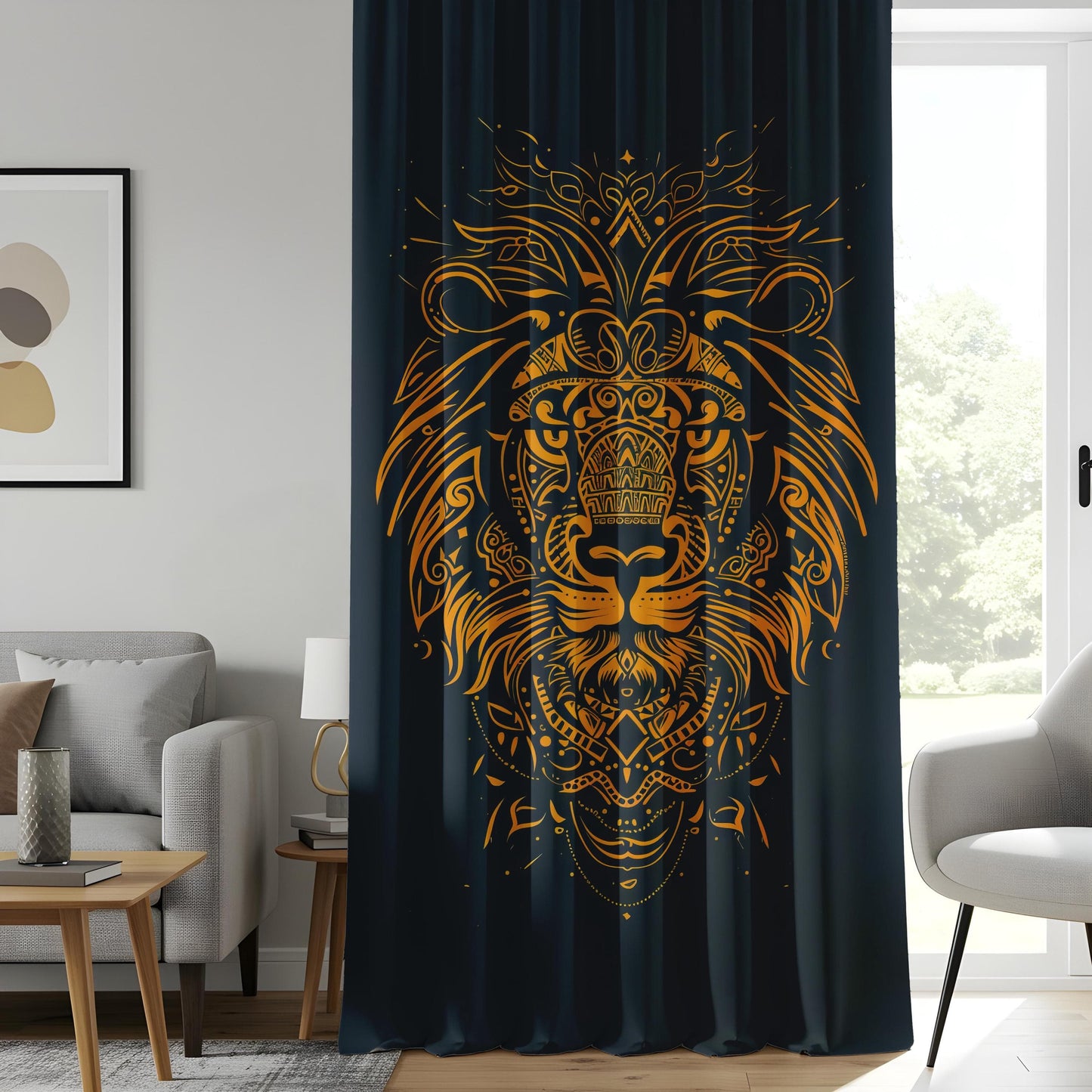 Onay Tribal Lion Head Living Room Curtains, Gold Mandala Animal Drapes