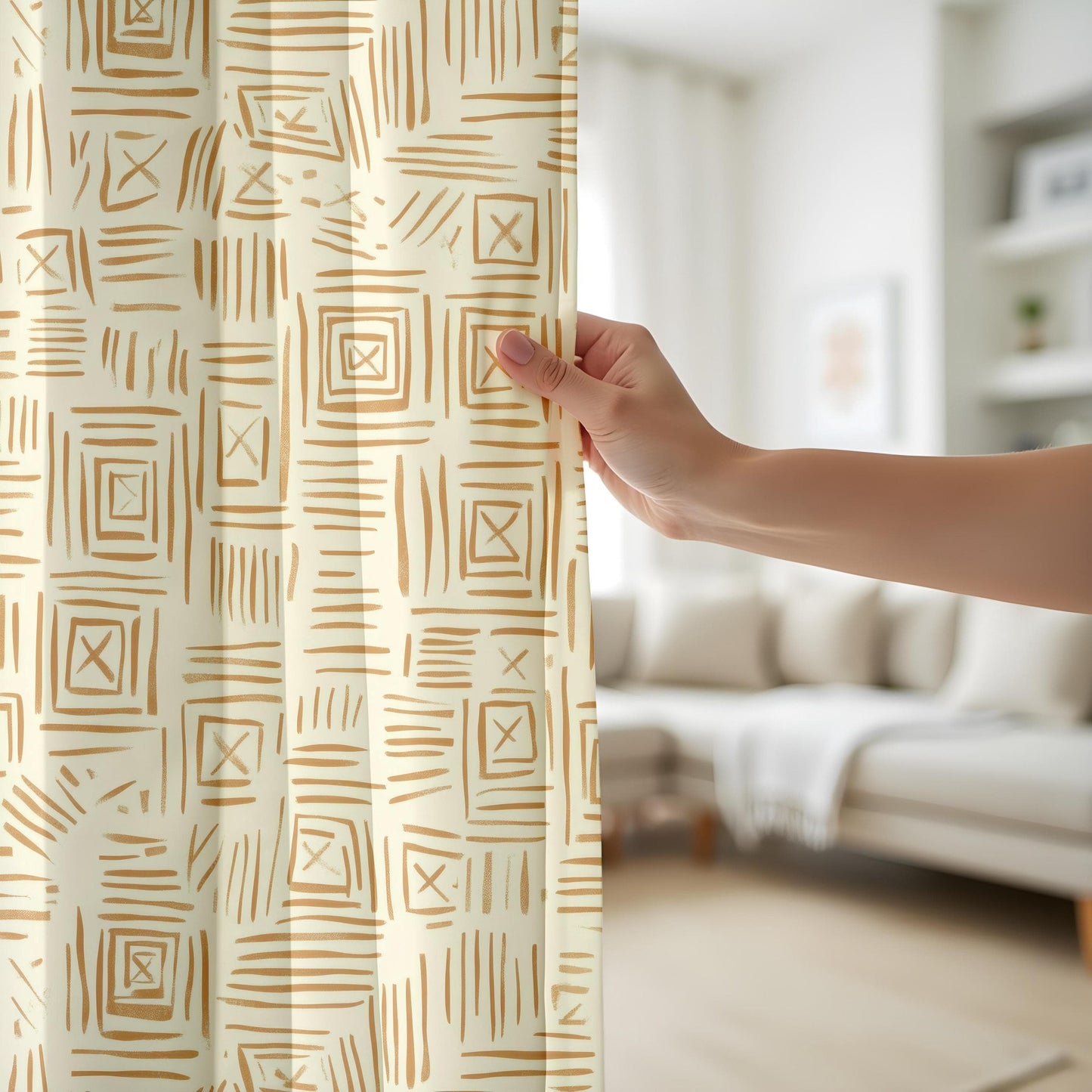 Onay Tribal Pattern Living Room Curtains, Warm Tan Geometric Window Curtains