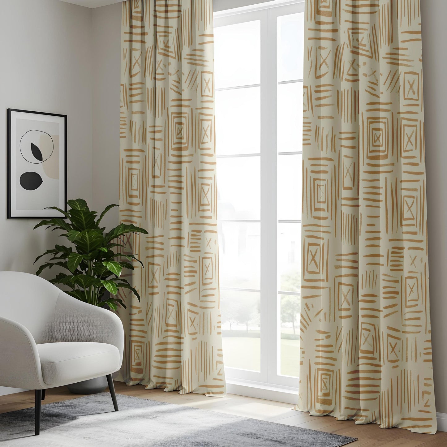 Onay Tribal Pattern Living Room Curtains, Warm Tan Geometric Window Curtains