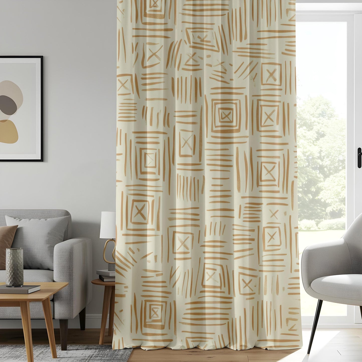 Onay Tribal Pattern Living Room Curtains, Warm Tan Geometric Window Curtains