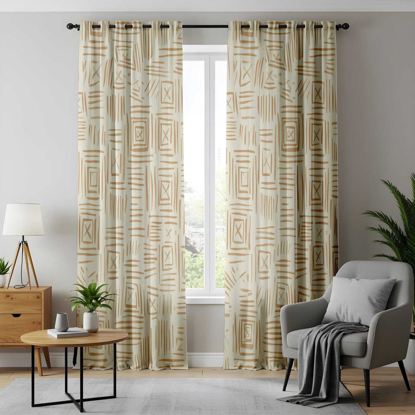 Onay Tribal Pattern Living Room Curtains, Warm Tan Geometric Window Curtains