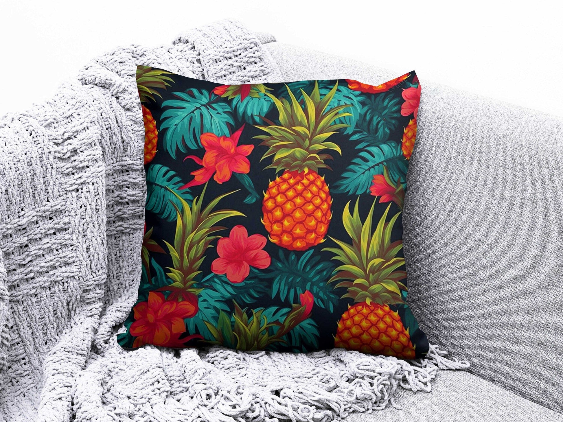 Onay 4 / 12 x 12 inch (30 x 30 cm) Tropical Bamboo Pineapple Palm Green Cushion Cover