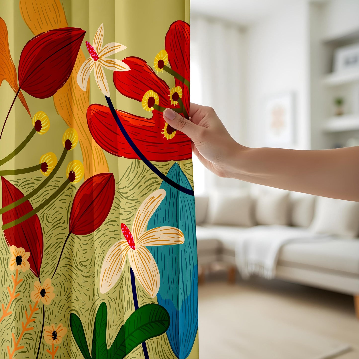Onay Tropical Botanical Curtains – Vibrant Jungle Floral Drapes in Red, Yellow & Green