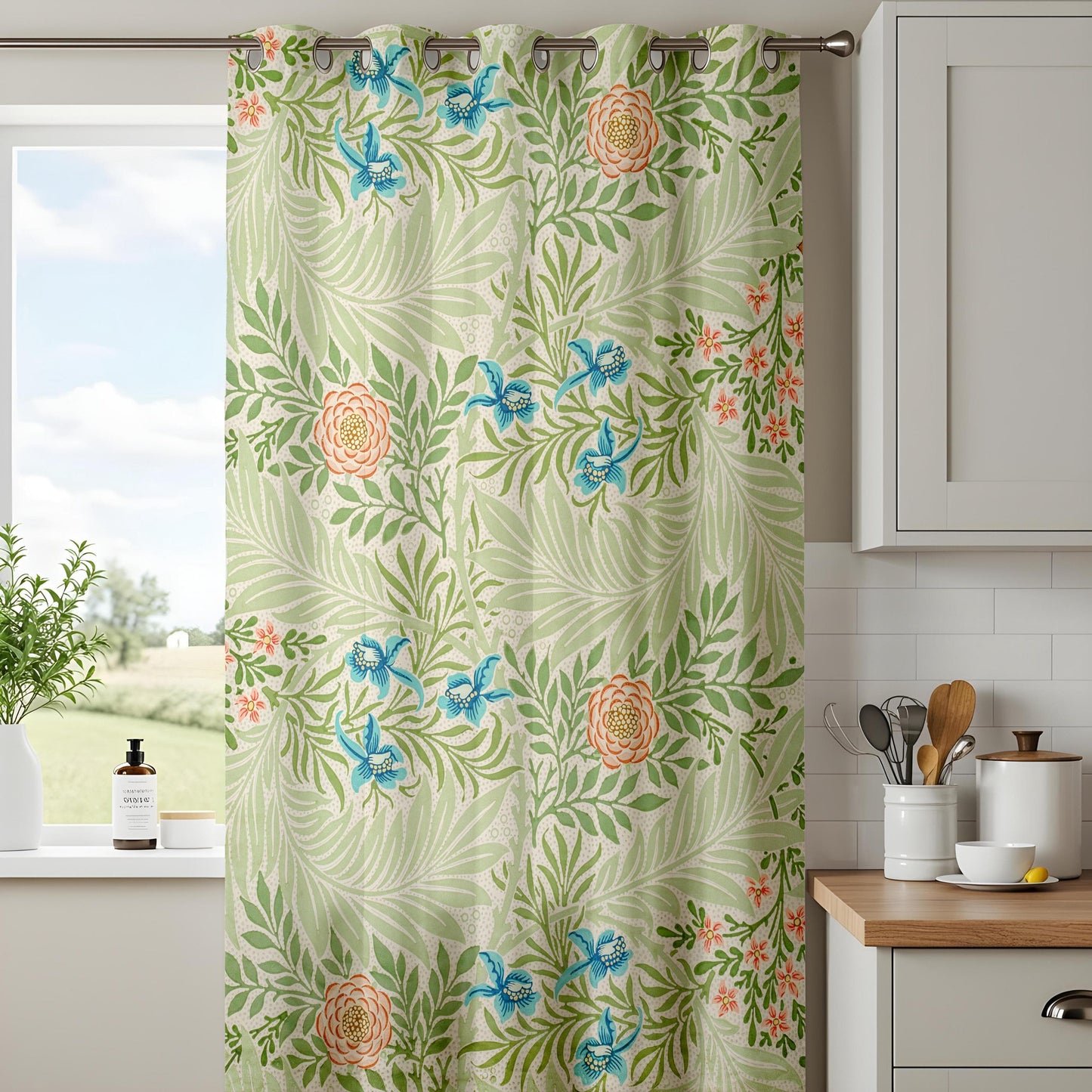 Onay Tropical Botanical Living Room Curtains, Green Palm Leaves and Colorful Flowers