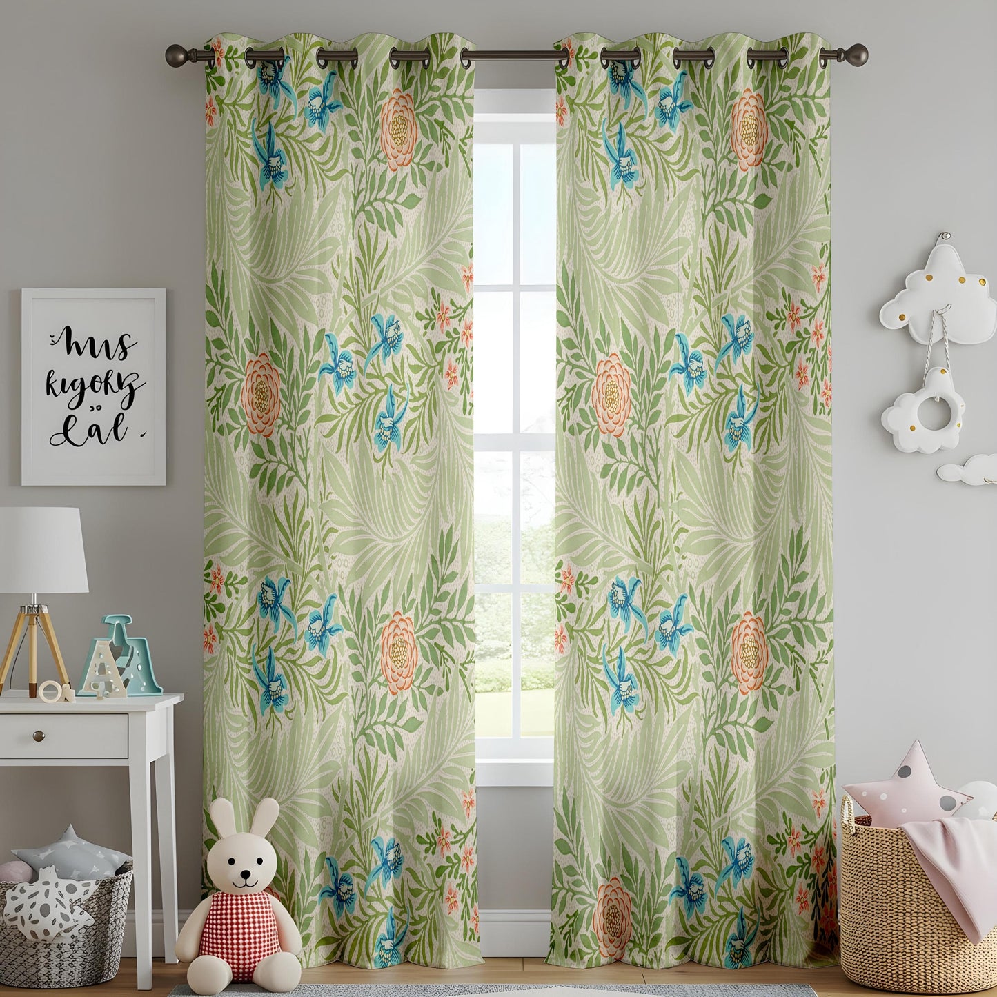 Onay Tropical Botanical Living Room Curtains, Green Palm Leaves and Colorful Flowers