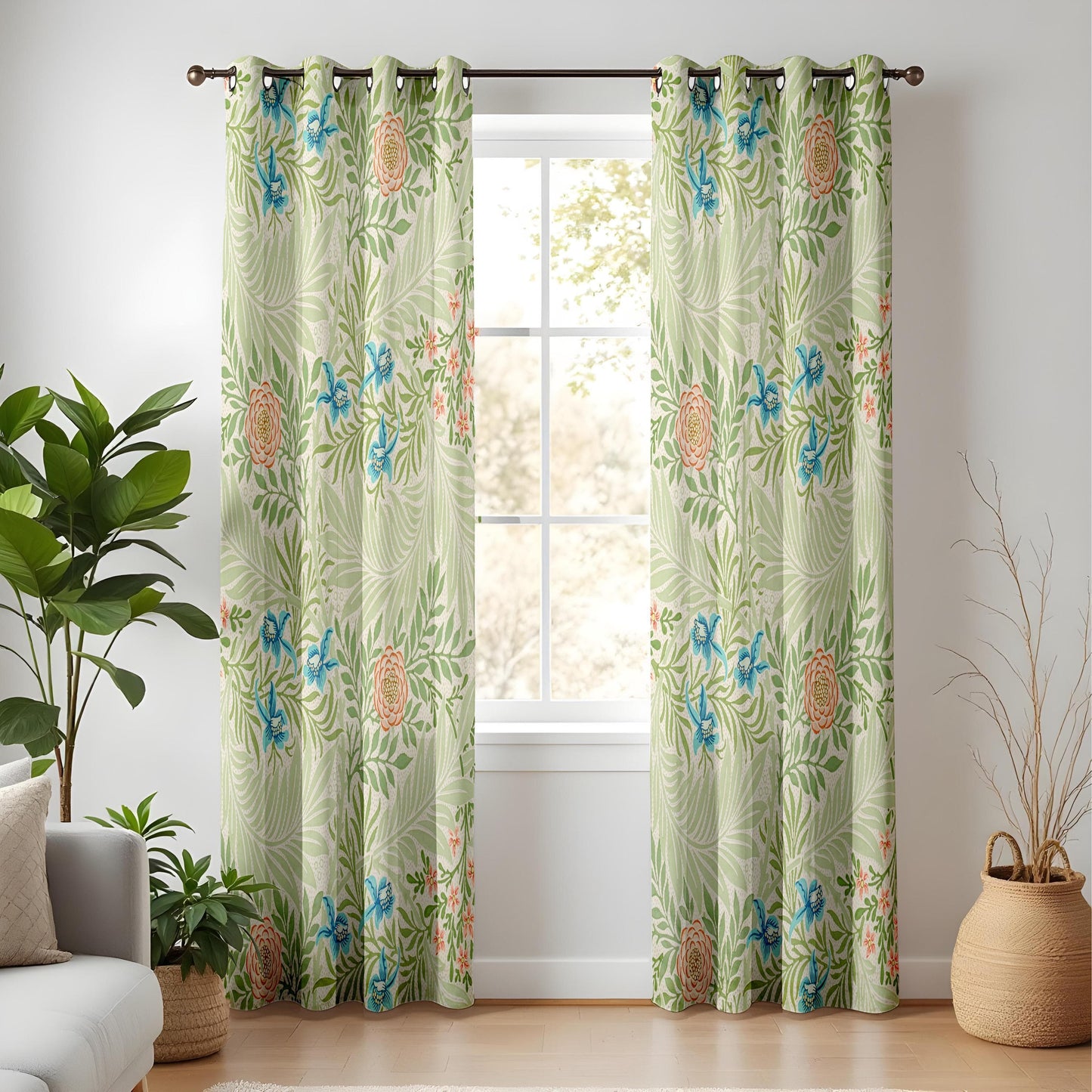 Onay Tropical Botanical Living Room Curtains, Green Palm Leaves and Colorful Flowers