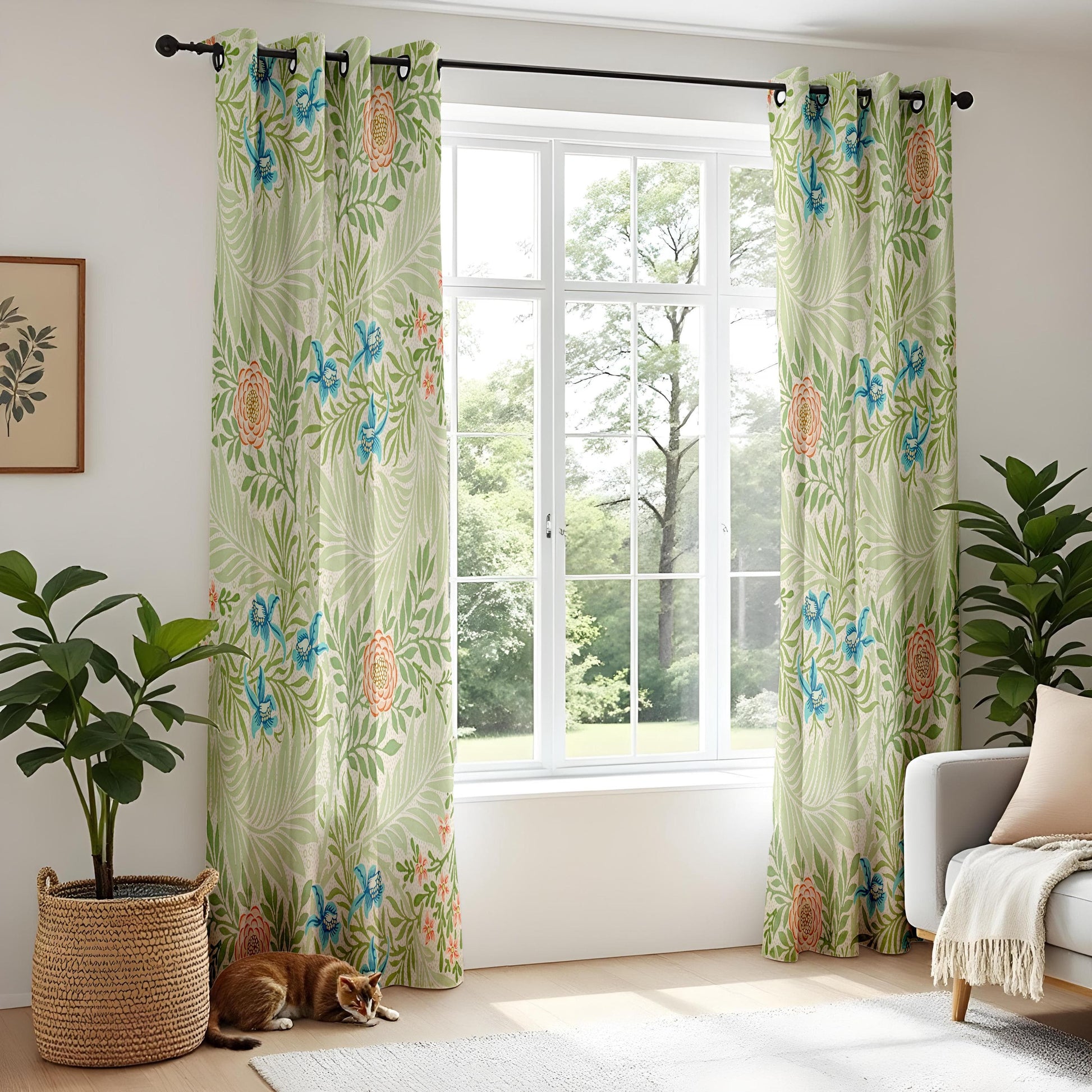 Onay Tropical Botanical Living Room Curtains, Green Palm Leaves and Colorful Flowers