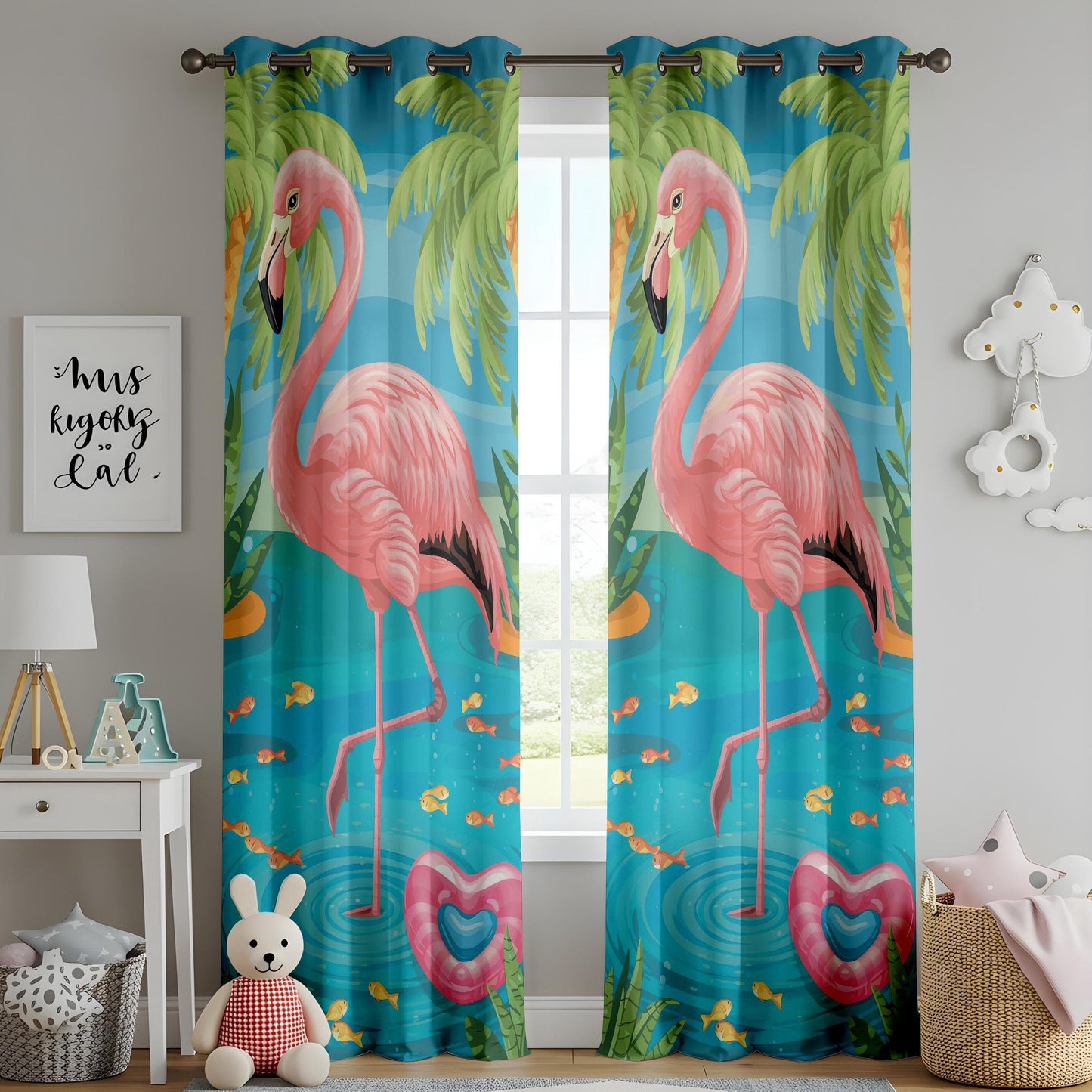 Onay Tropical Flamingo Curtains Bold Pink Island Style Drapes with Coastal Water Theme