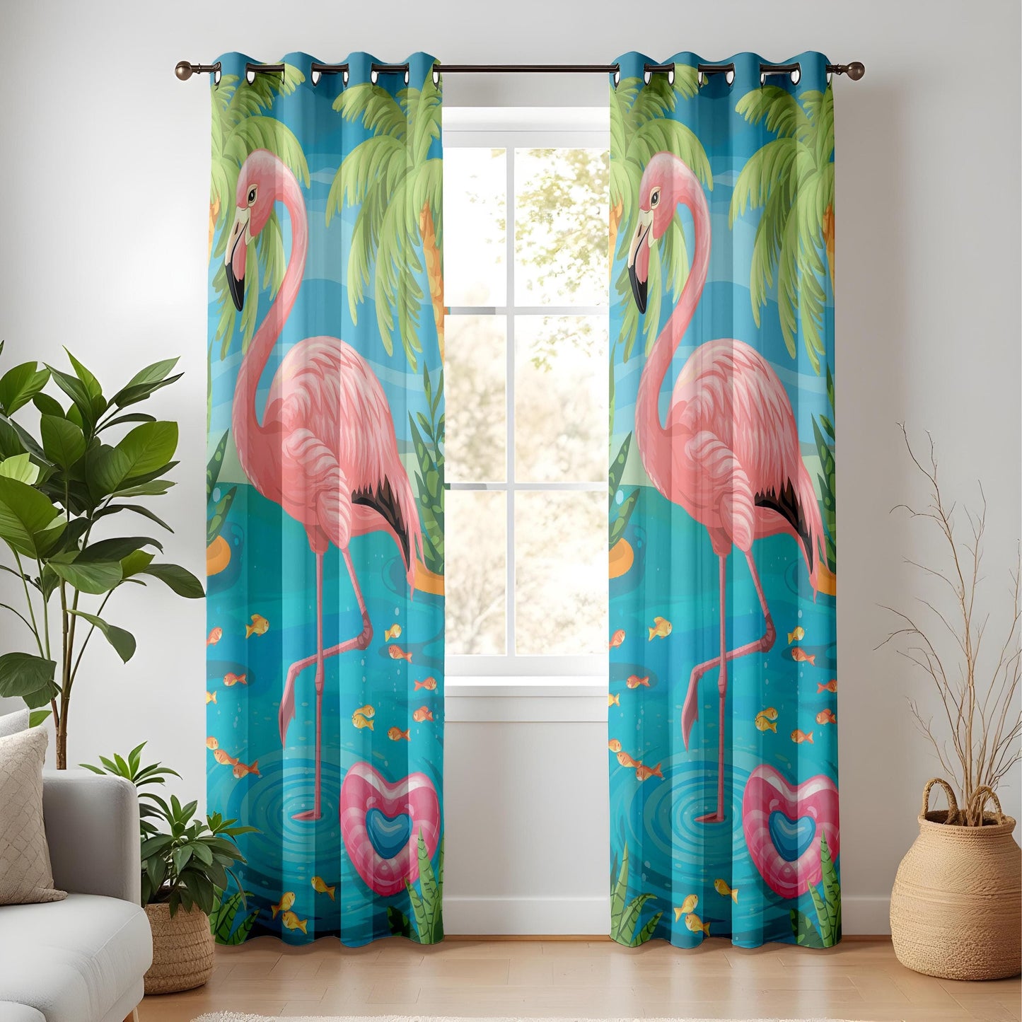 Onay Tropical Flamingo Curtains Bold Pink Island Style Drapes with Coastal Water Theme