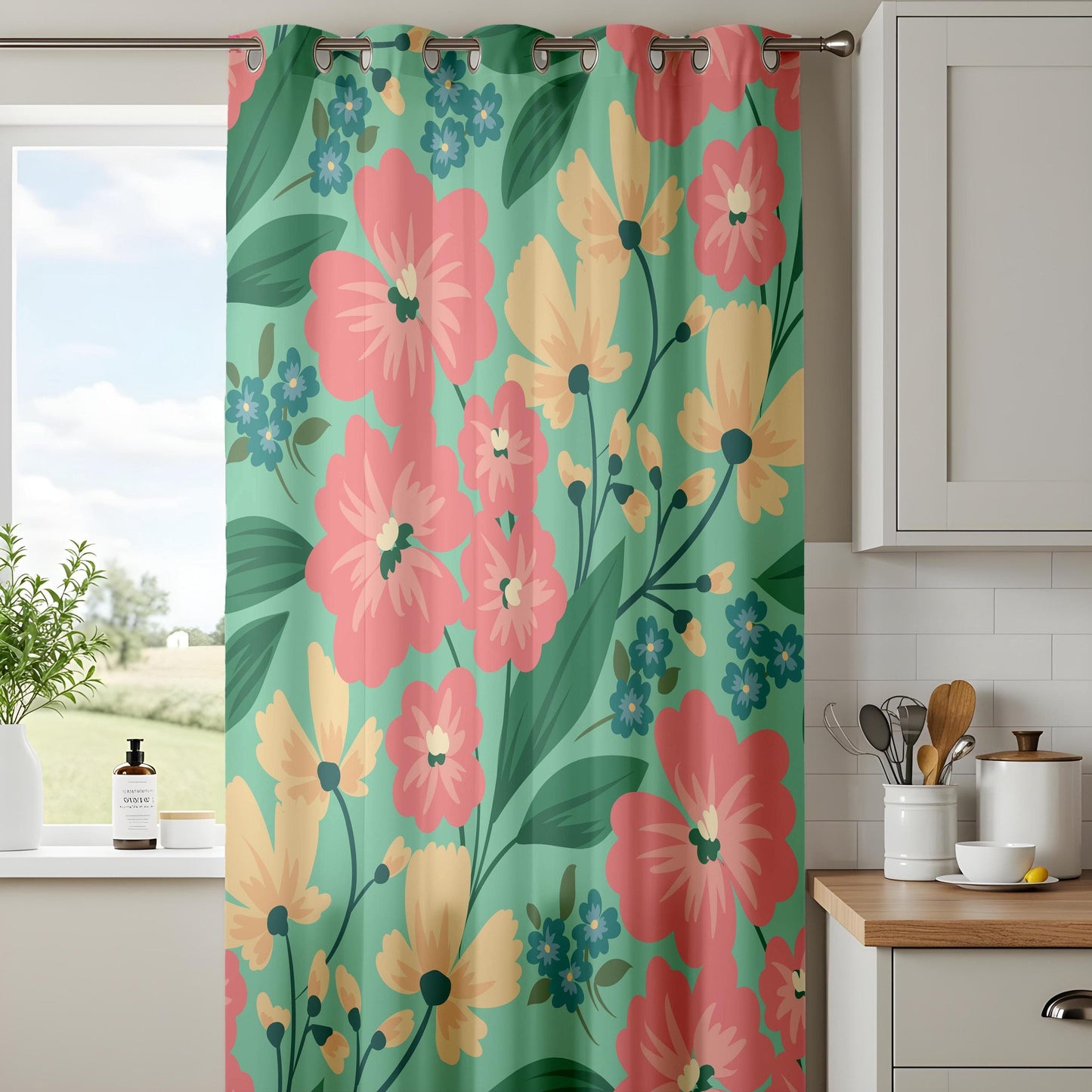 Onay Tropical Floral Living Room Curtains, Vibrant Boho Kitchen Curtains