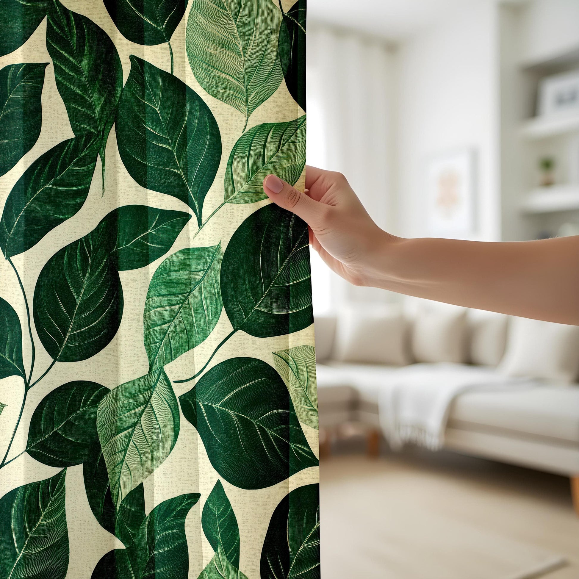 Onay Tropical Green Leaf Living Room Curtains, Nature Inspired Window Drapes