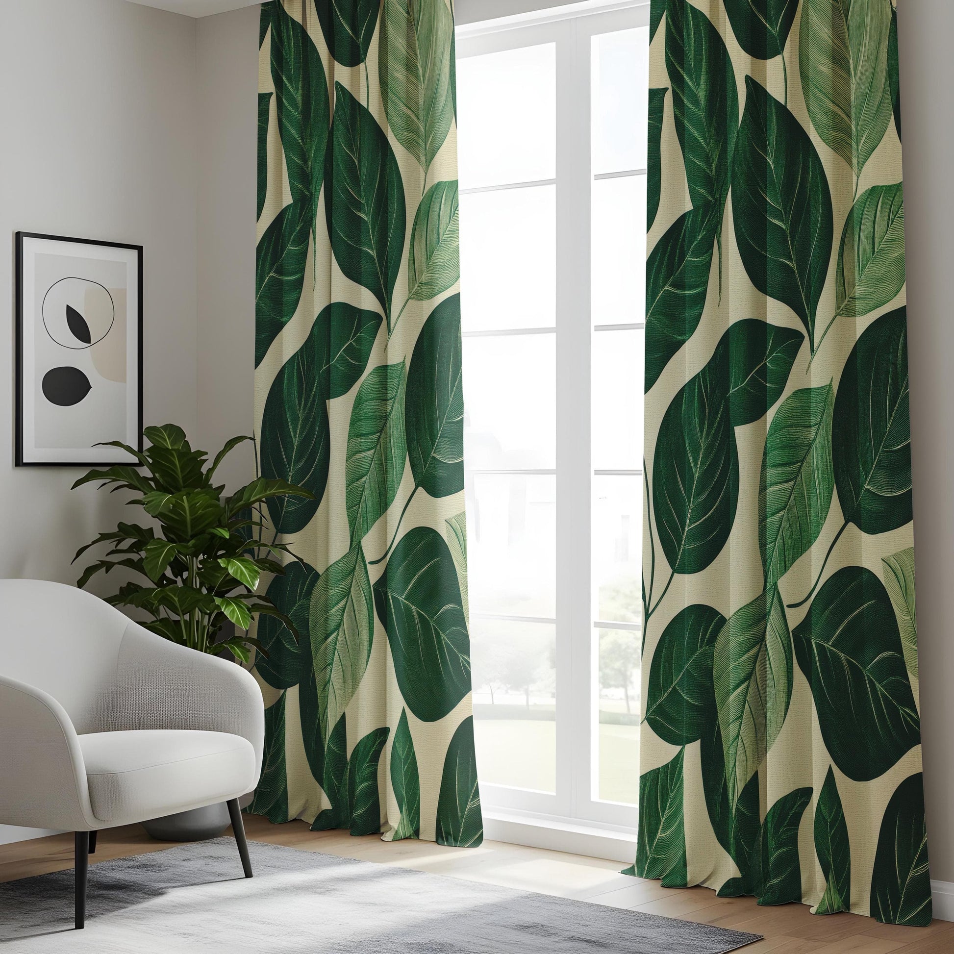 Onay Tropical Green Leaf Living Room Curtains, Nature Inspired Window Drapes
