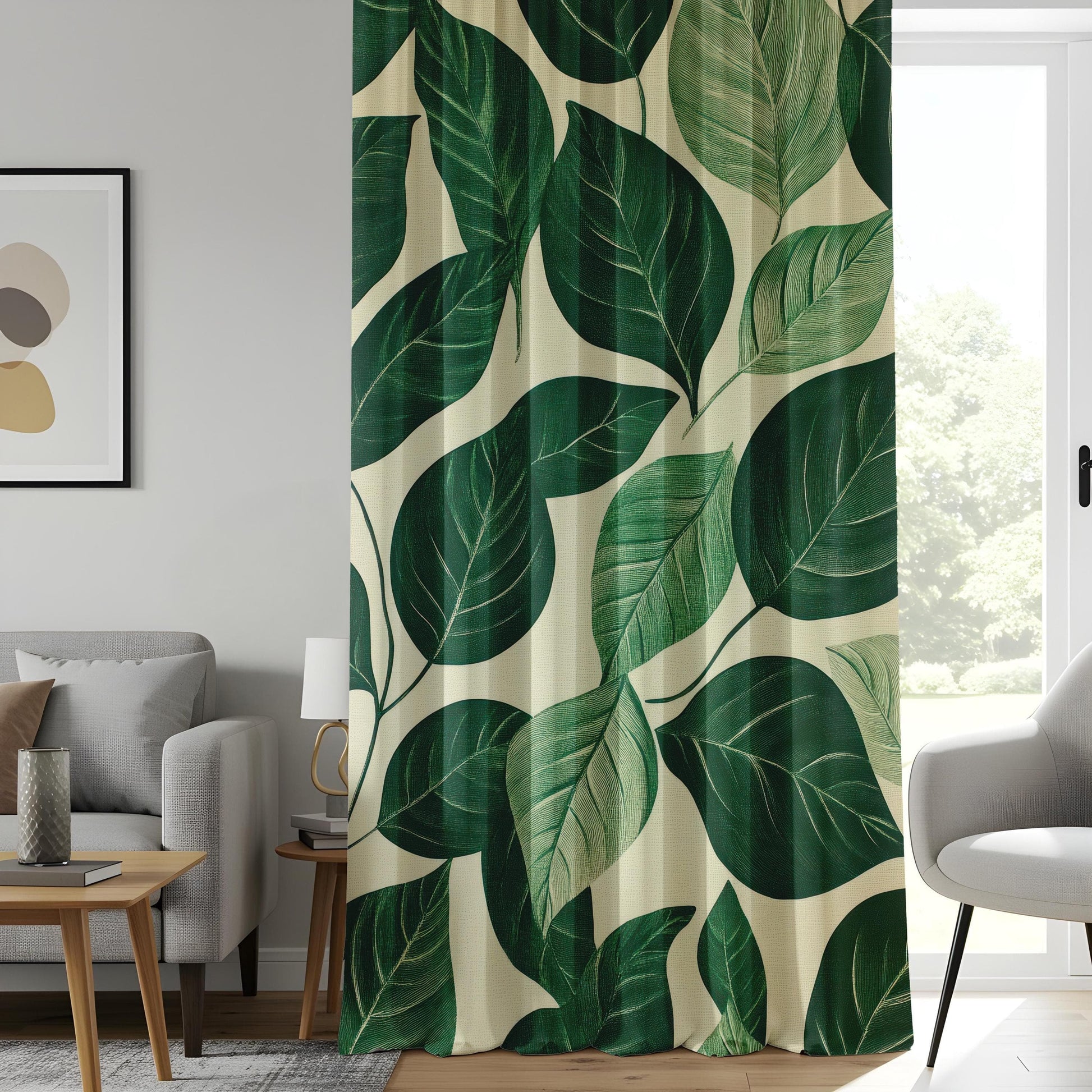 Onay Tropical Green Leaf Living Room Curtains, Nature Inspired Window Drapes
