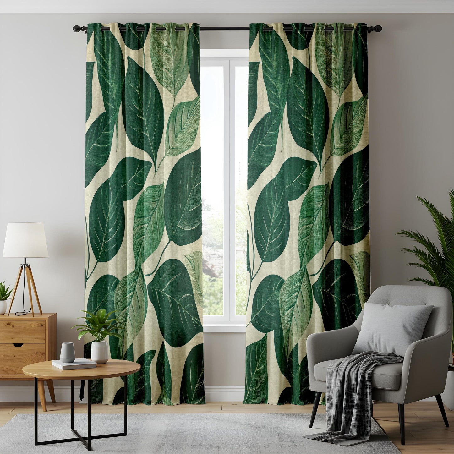 Onay Tropical Green Leaf Living Room Curtains, Nature Inspired Window Drapes
