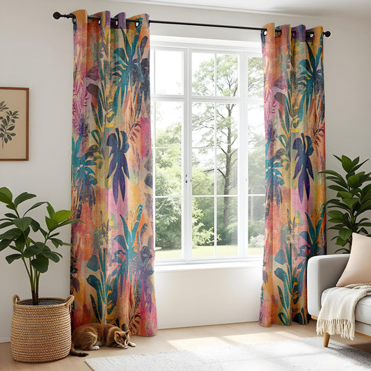 Onay Tropical Jungle Curtains – Vibrant Multicolor Palm Leaf Drapes for Exotic Botanical Living Room