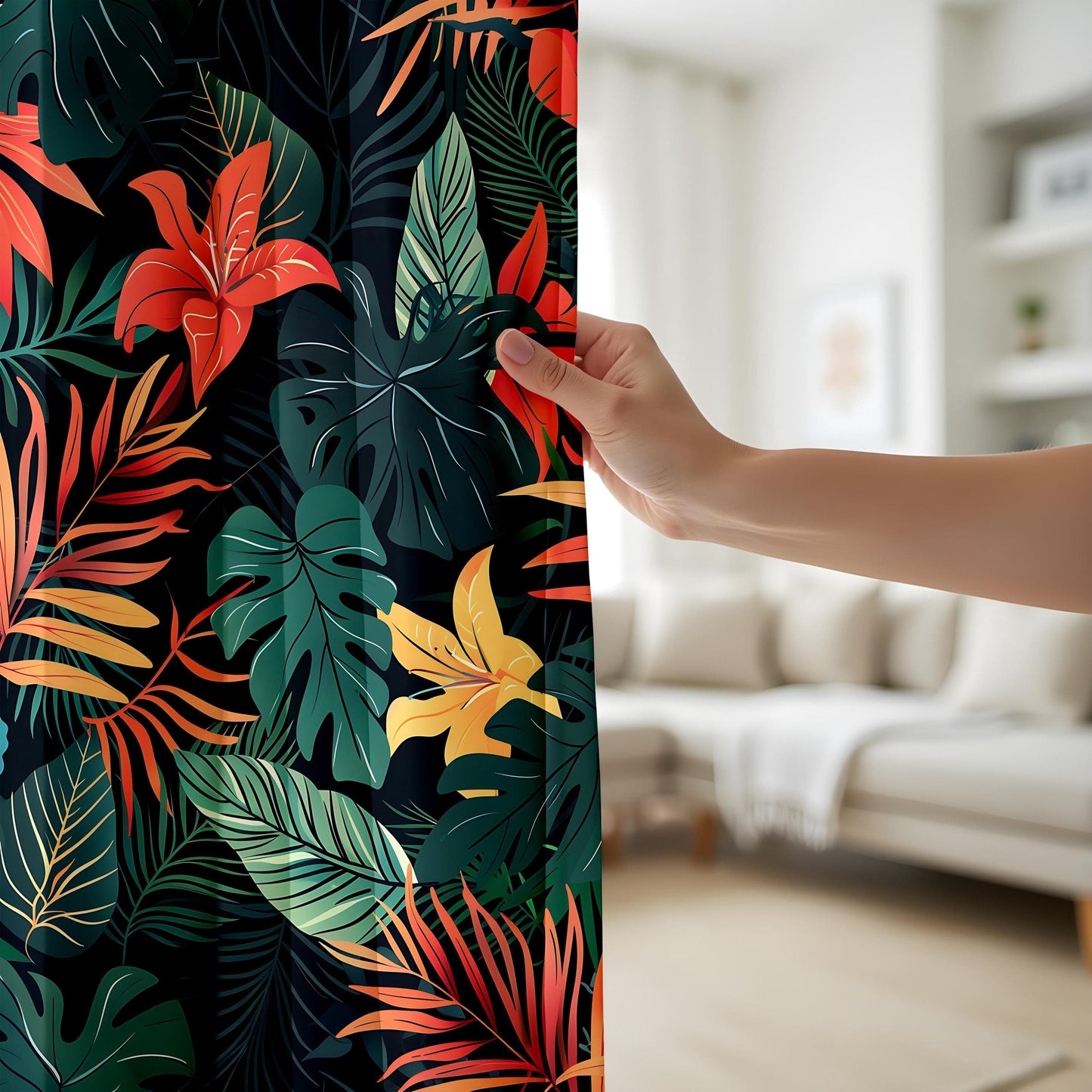 Onay Tropical Jungle Leaf Curtains, Exotic Botanical Print Drapes
