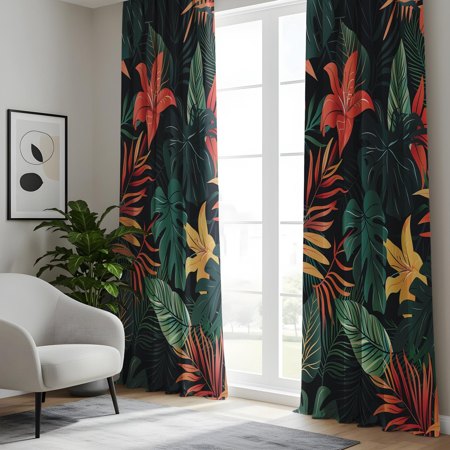 Onay Tropical Jungle Leaf Curtains, Exotic Botanical Print Drapes