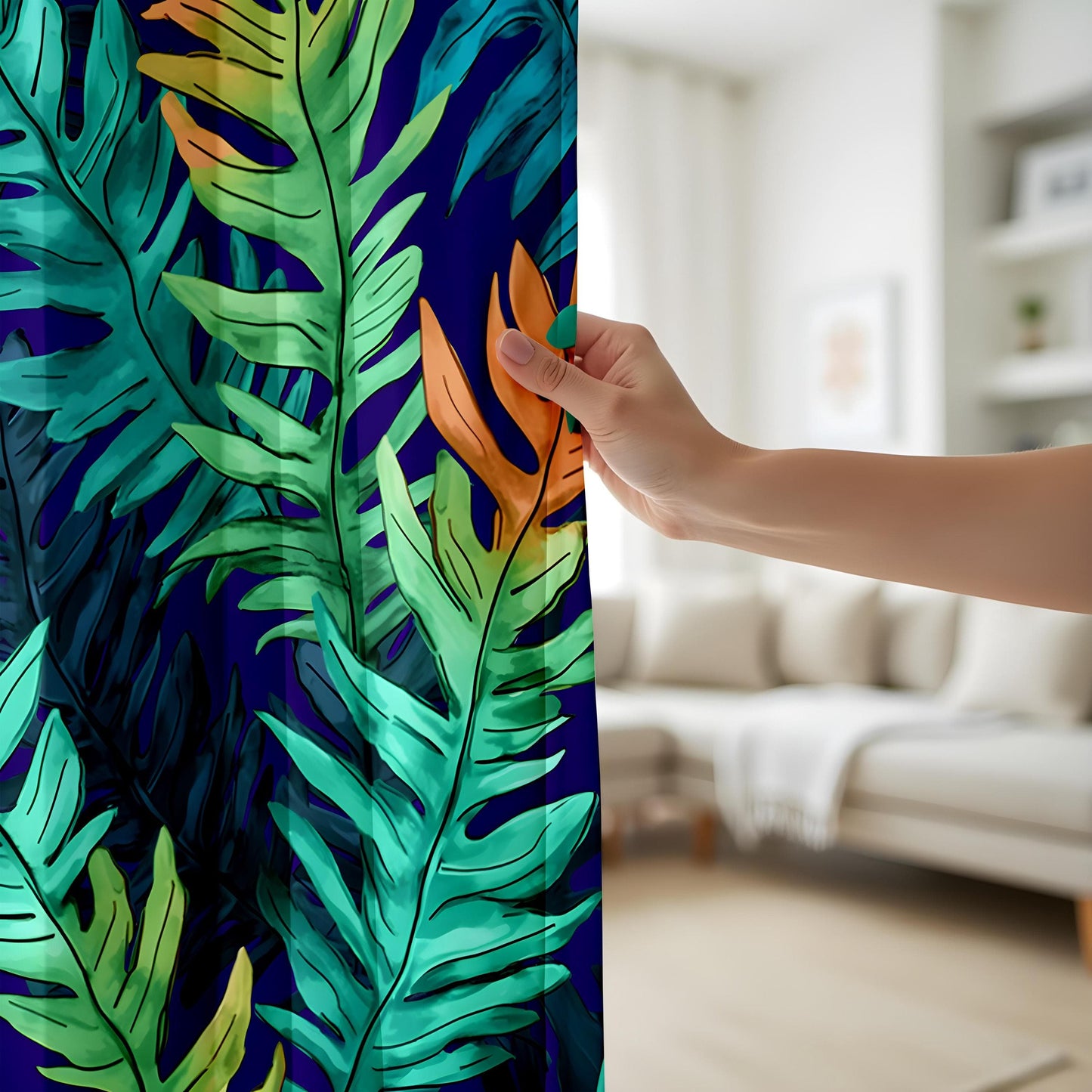 Onay Tropical Leaf Curtains with Vibrant Green and Blue Foliage Pattern - Exotic Window Print