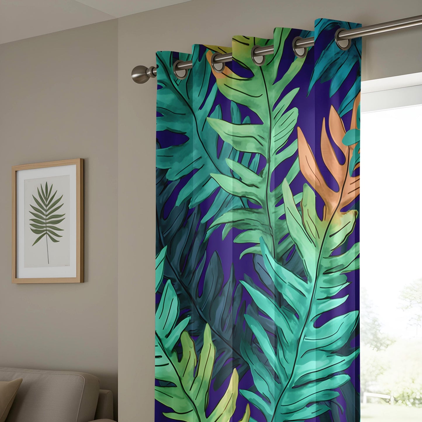 Onay Tropical Leaf Curtains with Vibrant Green and Blue Foliage Pattern - Exotic Window Print