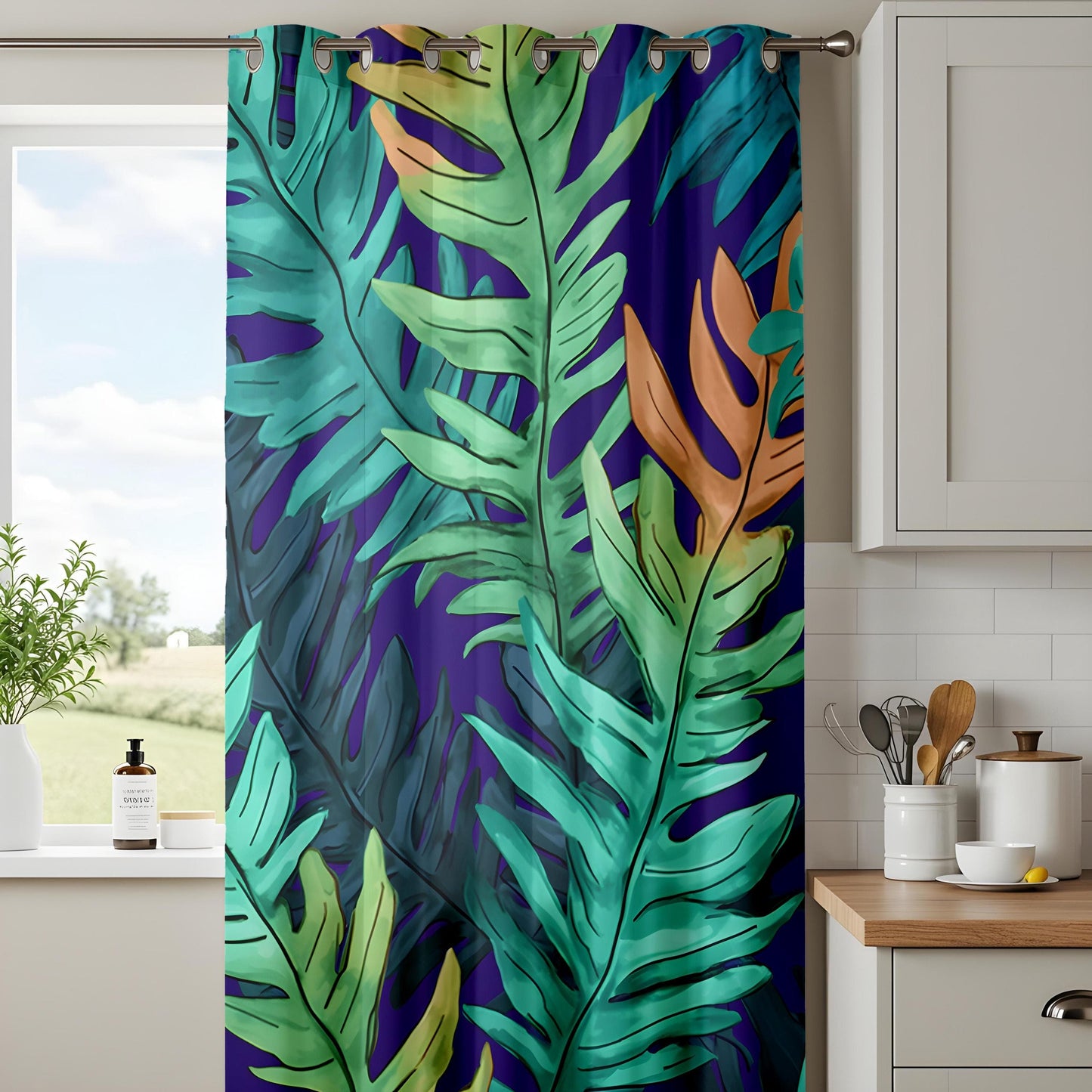 Onay Tropical Leaf Curtains with Vibrant Green and Blue Foliage Pattern - Exotic Window Print