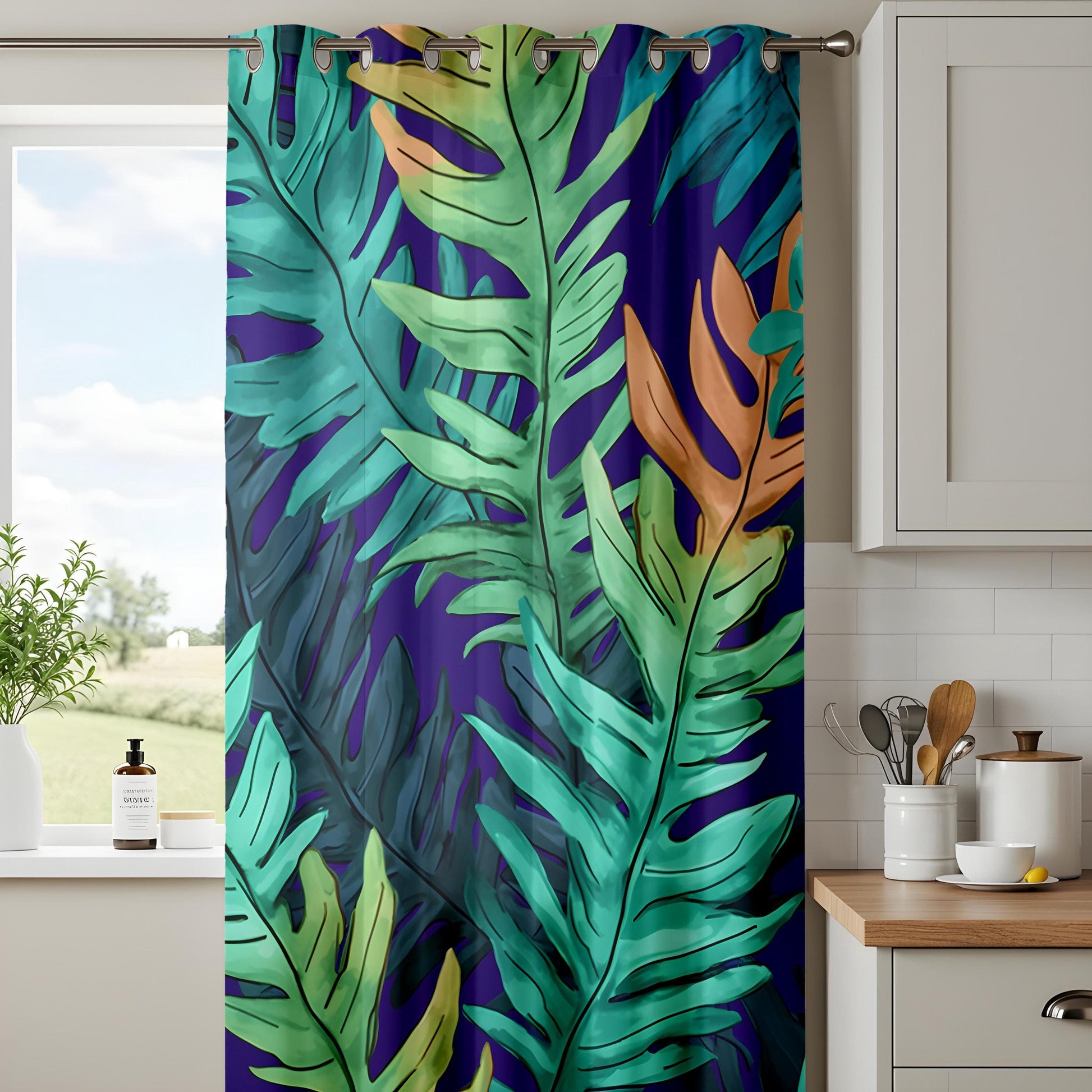 Onay Tropical Leaf Curtains with Vibrant Green and Blue Foliage Pattern - Exotic Window Print