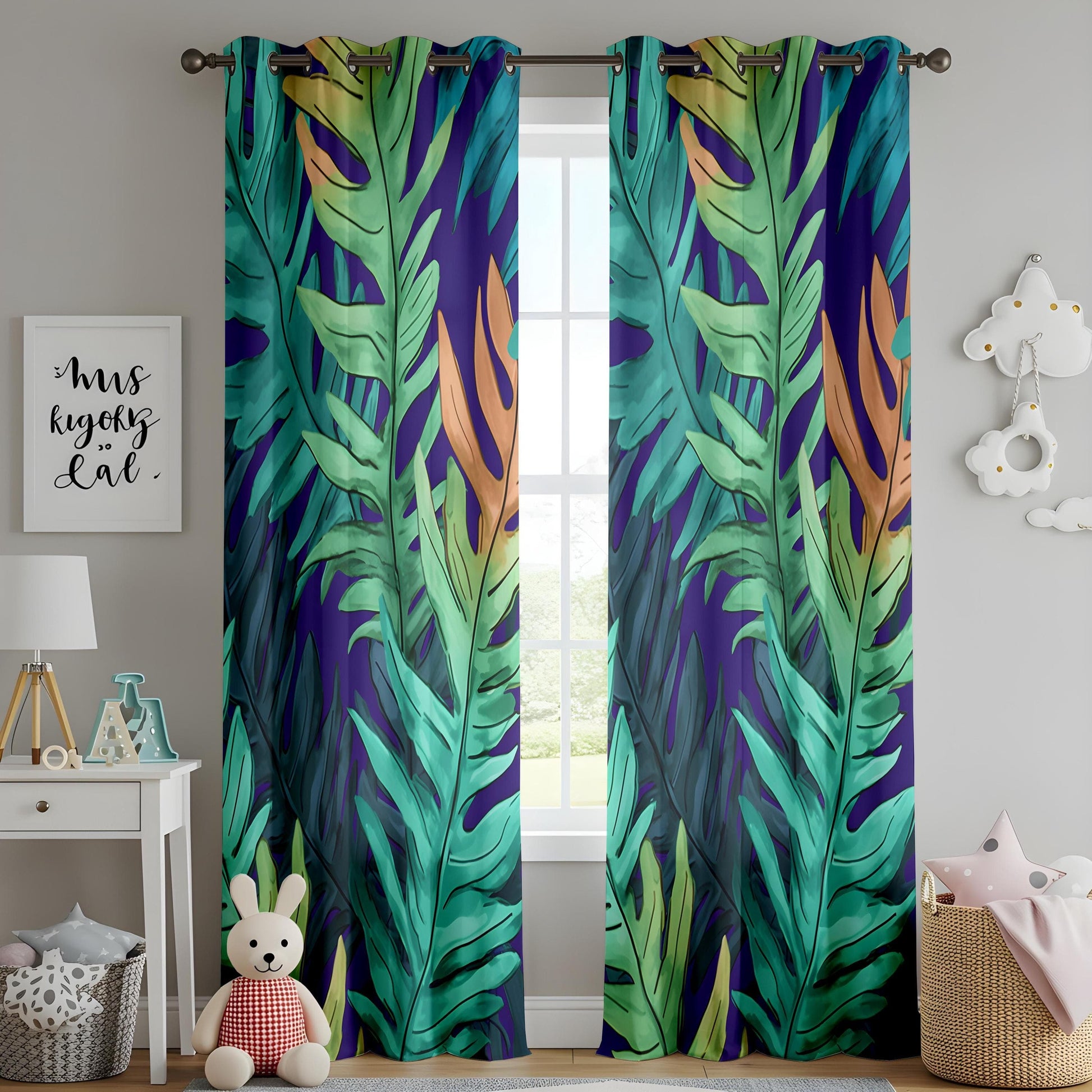 Onay Tropical Leaf Curtains with Vibrant Green and Blue Foliage Pattern - Exotic Window Print