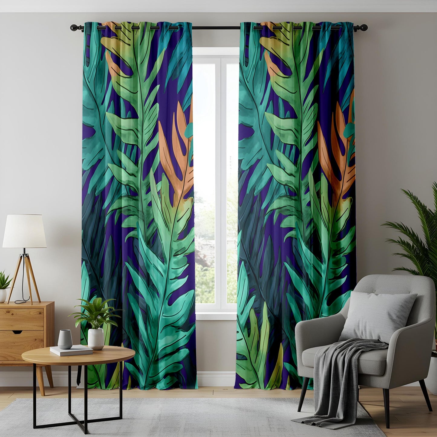 Onay Tropical Leaf Curtains with Vibrant Green and Blue Foliage Pattern - Exotic Window Print