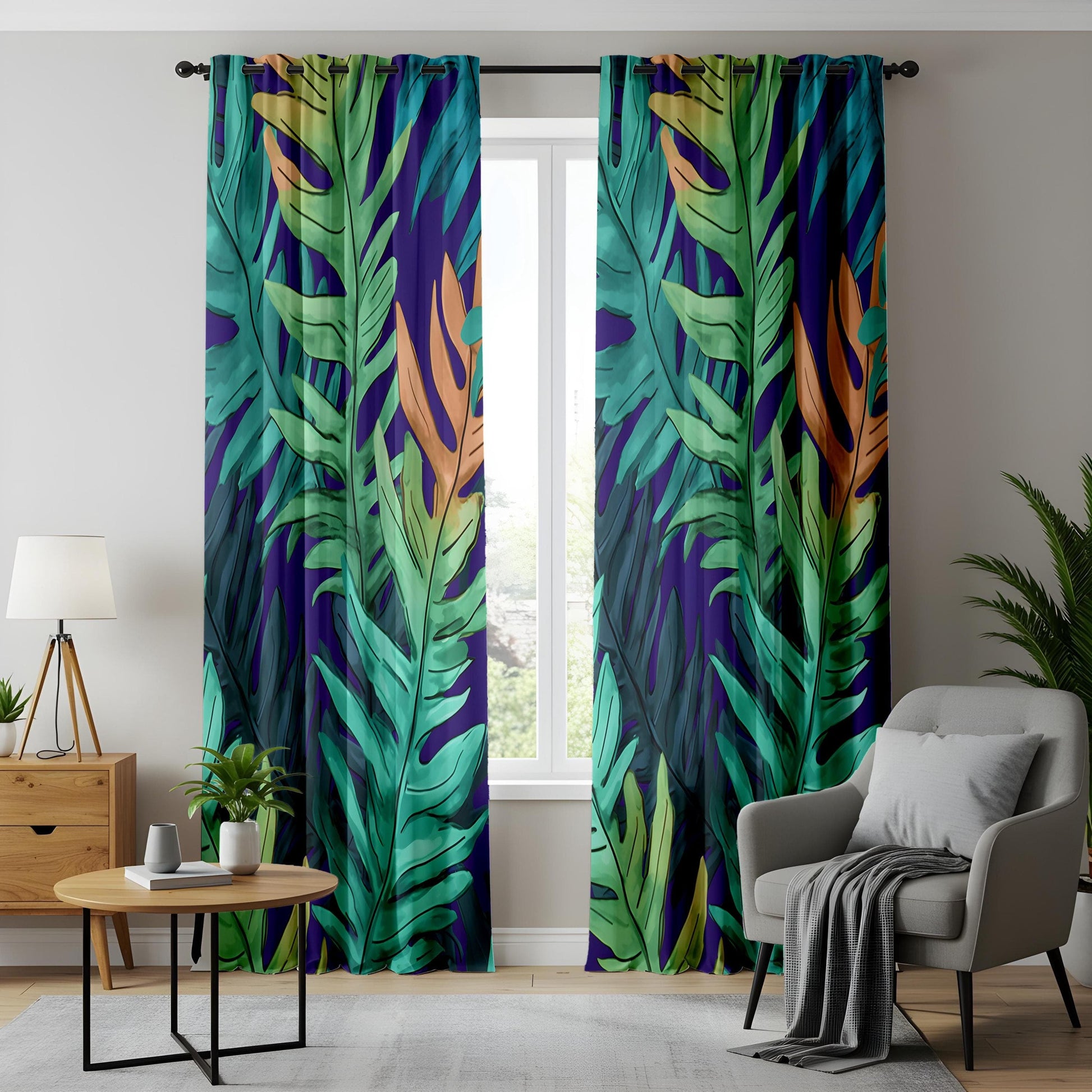 Onay Tropical Leaf Curtains with Vibrant Green and Blue Foliage Pattern - Exotic Window Print