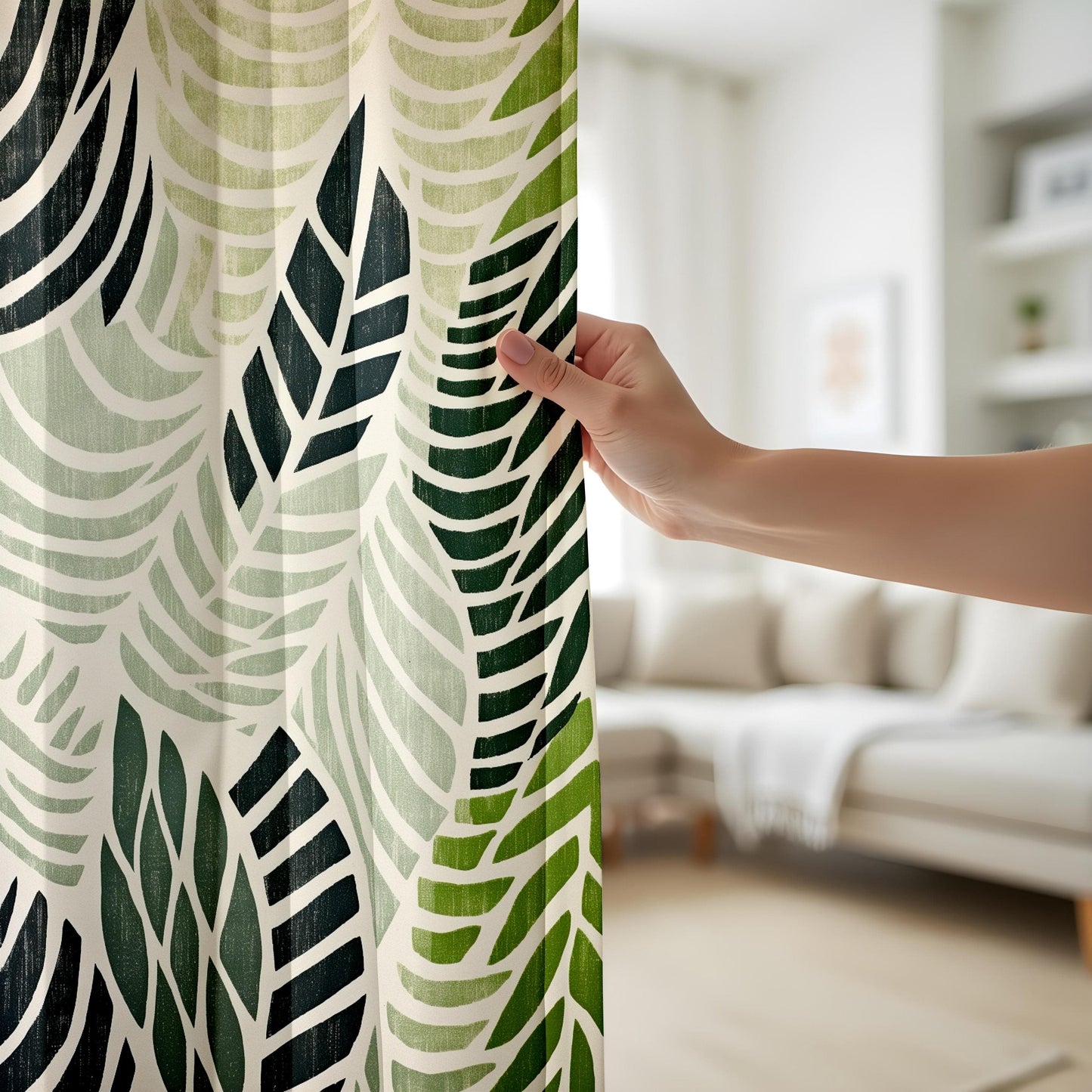 Onay Tropical Leaf Pattern Living Room Curtains, Modern Green Botanical Drapes