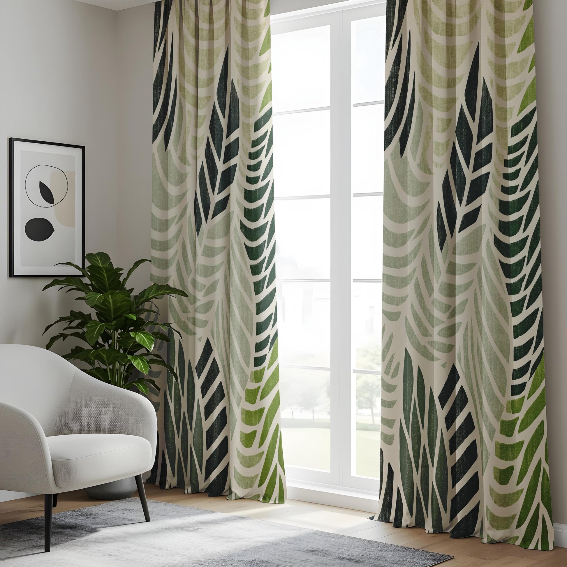 Onay Tropical Leaf Pattern Living Room Curtains, Modern Green Botanical Drapes