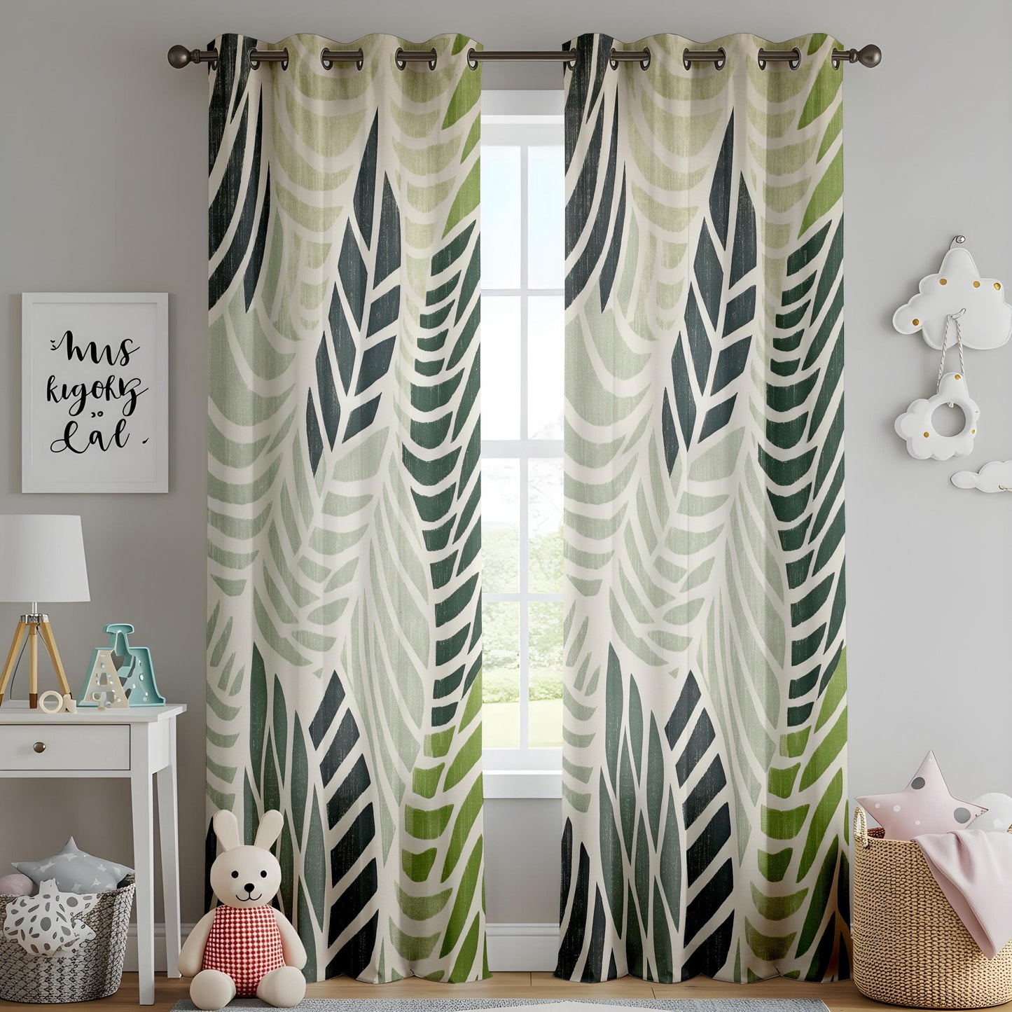Onay Tropical Leaf Pattern Living Room Curtains, Modern Green Botanical Drapes