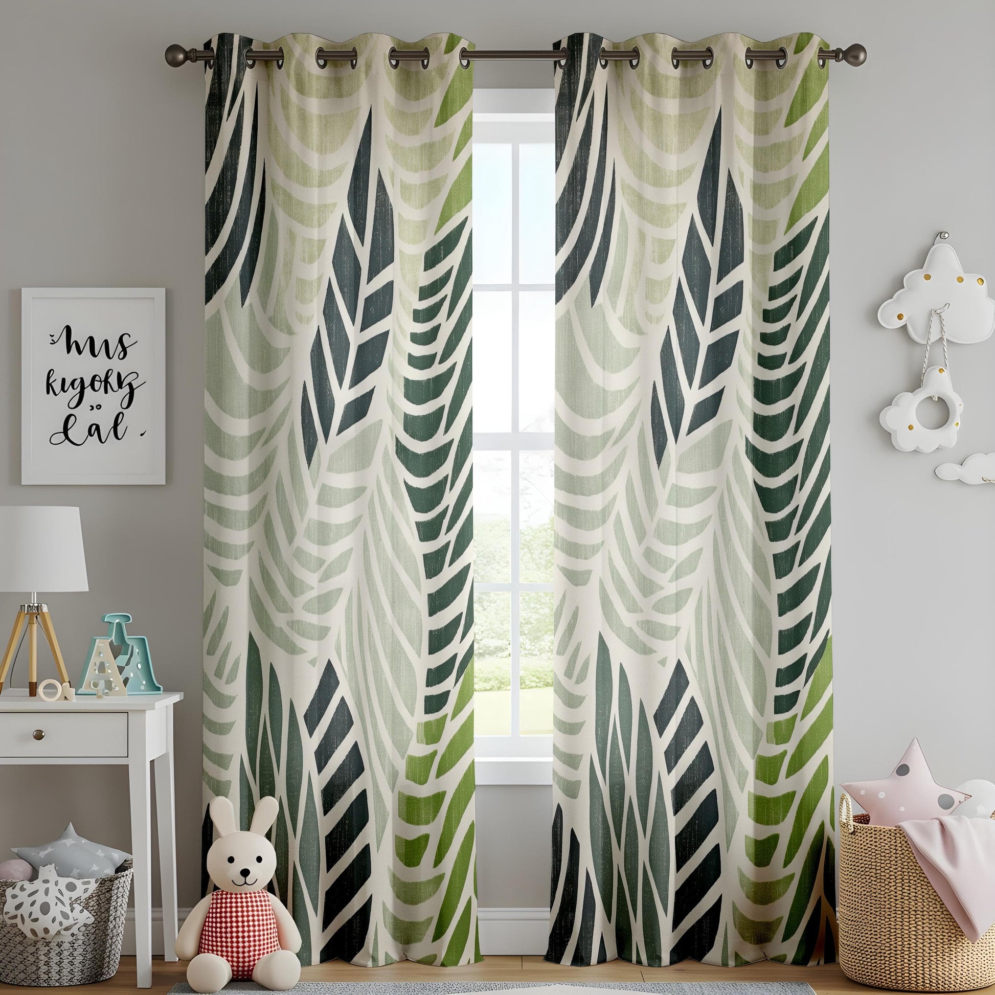 Onay Tropical Leaf Pattern Living Room Curtains, Modern Green Botanical Drapes