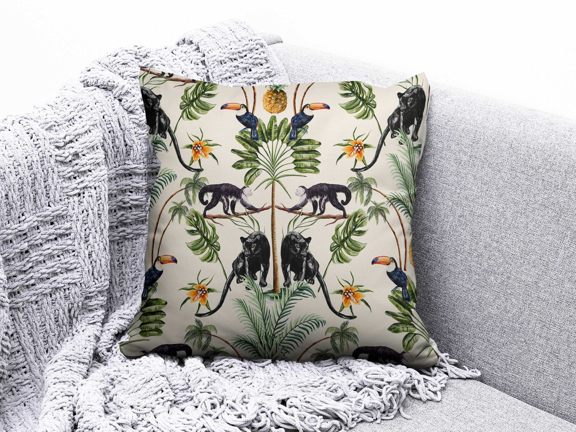Onay 8 / 12 x 12 inch (30 x 30 cm) Tropical Monkey Tiger Green Floral Cushion Cover