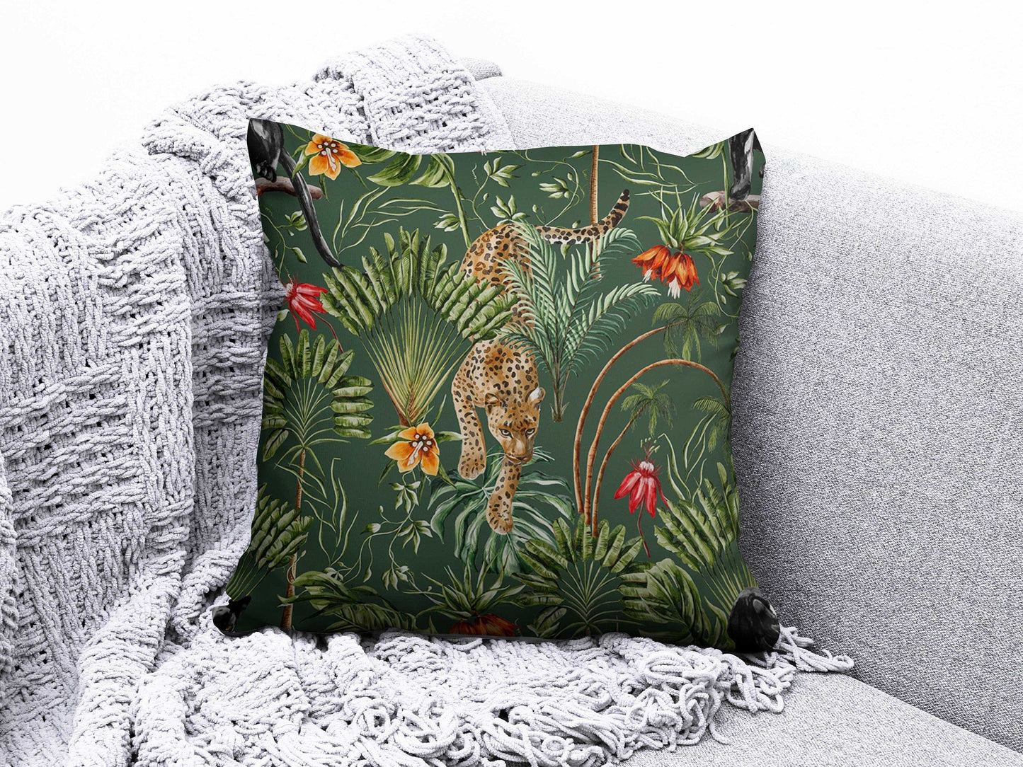 Onay 6 / 12 x 12 inch (30 x 30 cm) Tropical Monkey Tiger Green Floral Cushion Cover