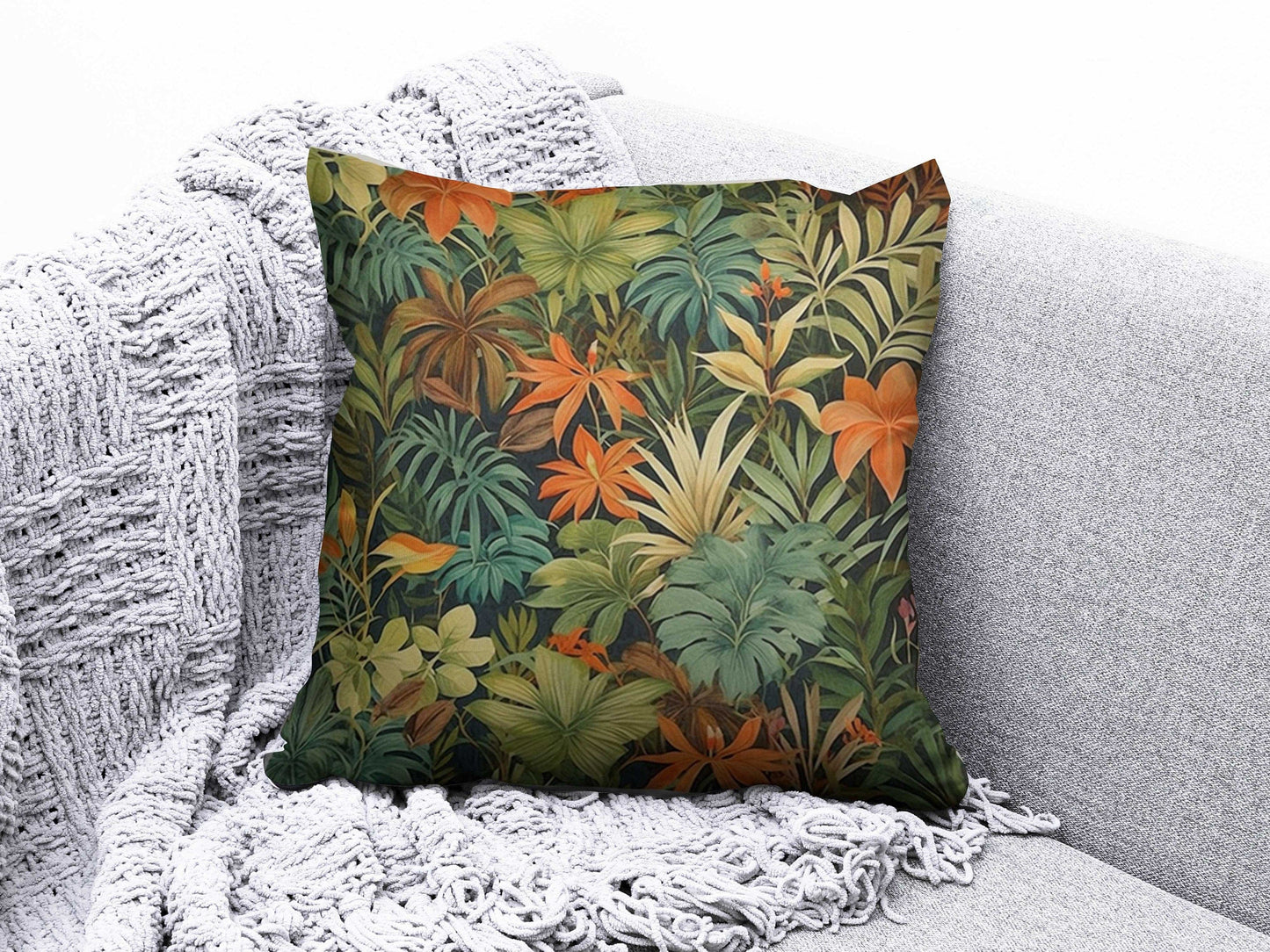 Onay 3 / 12 x 12 inch (30 x 30 cm) Tropical Monkey Tiger Green Floral Cushion Cover