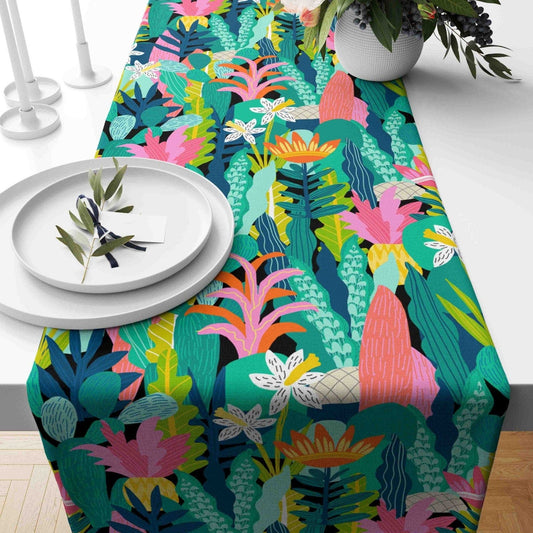 Onay 1 / 12 x 46 inch (30 x 120 cm) Tropical Palm Leaf Exotic Flowers Green Leaves Table Runner