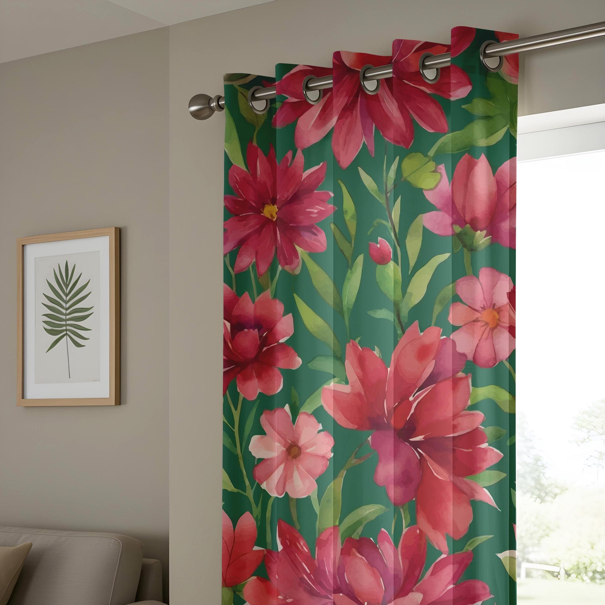 Onay Tropical Red Floral Living Room Curtains, Jungle Inspired Botanical Drapes