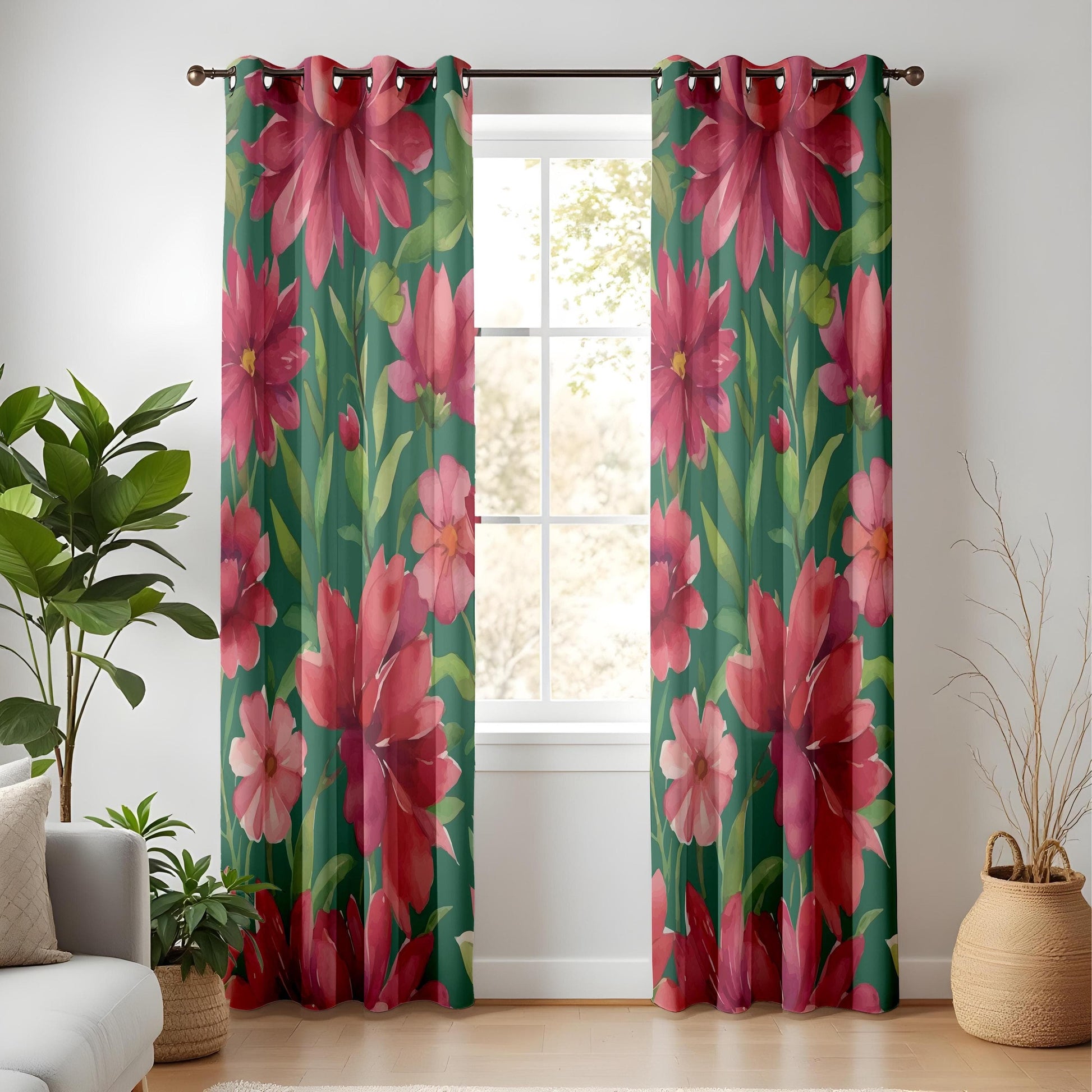 Onay Tropical Red Floral Living Room Curtains, Jungle Inspired Botanical Drapes