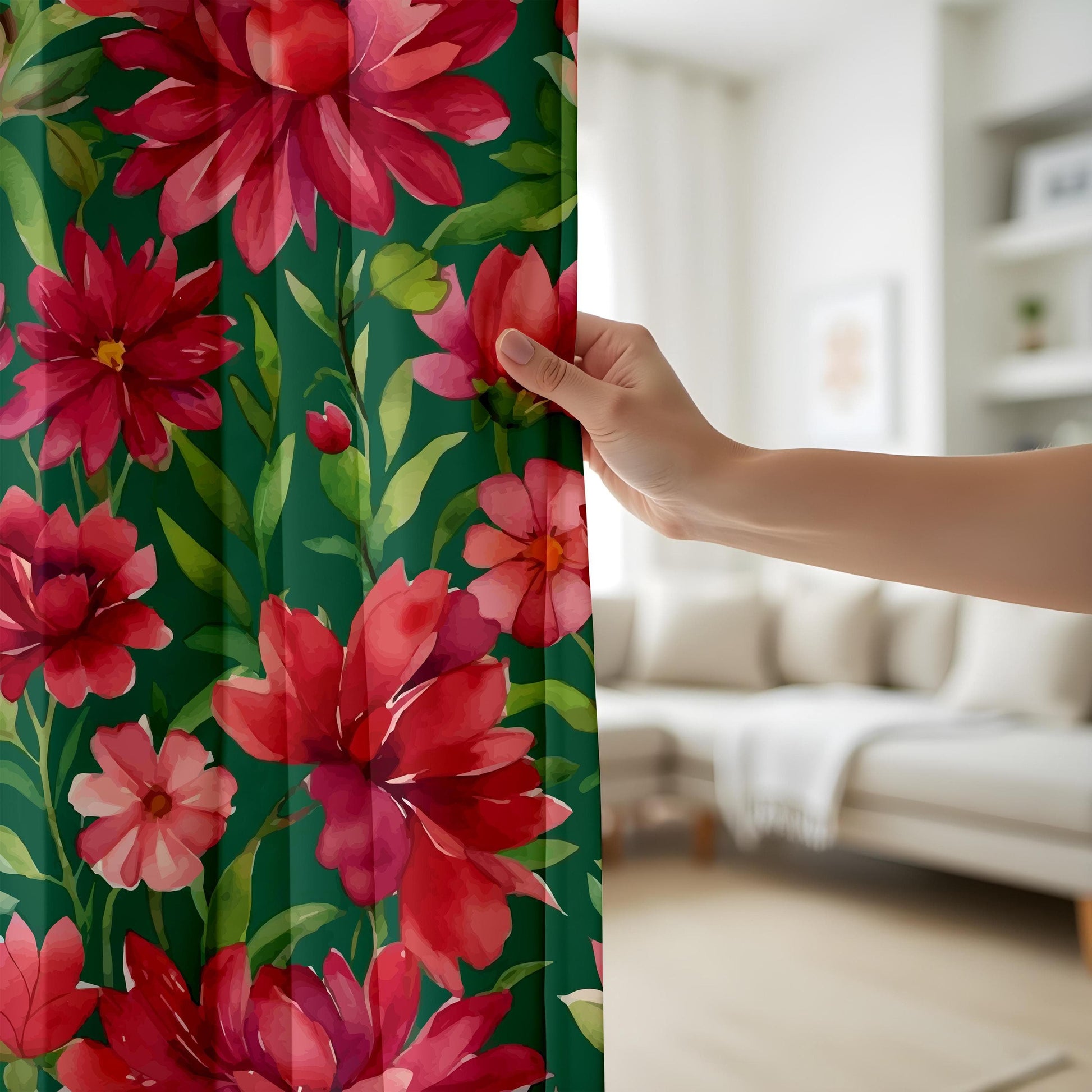 Onay Tropical Red Floral Living Room Curtains, Jungle Inspired Botanical Drapes