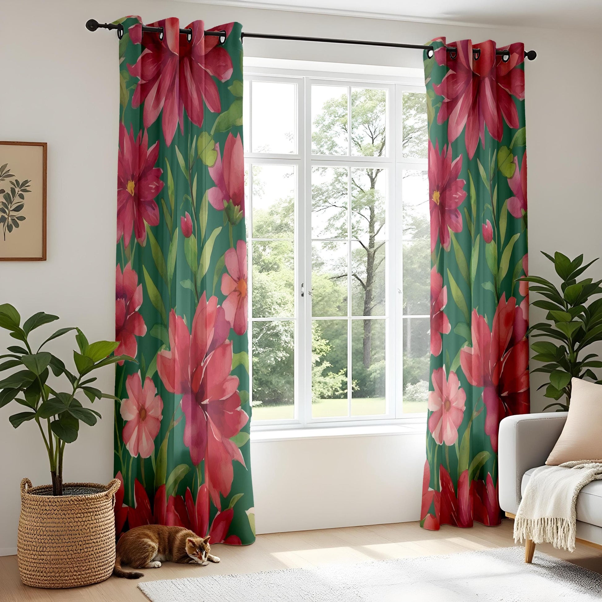 Onay Tropical Red Floral Living Room Curtains, Jungle Inspired Botanical Drapes
